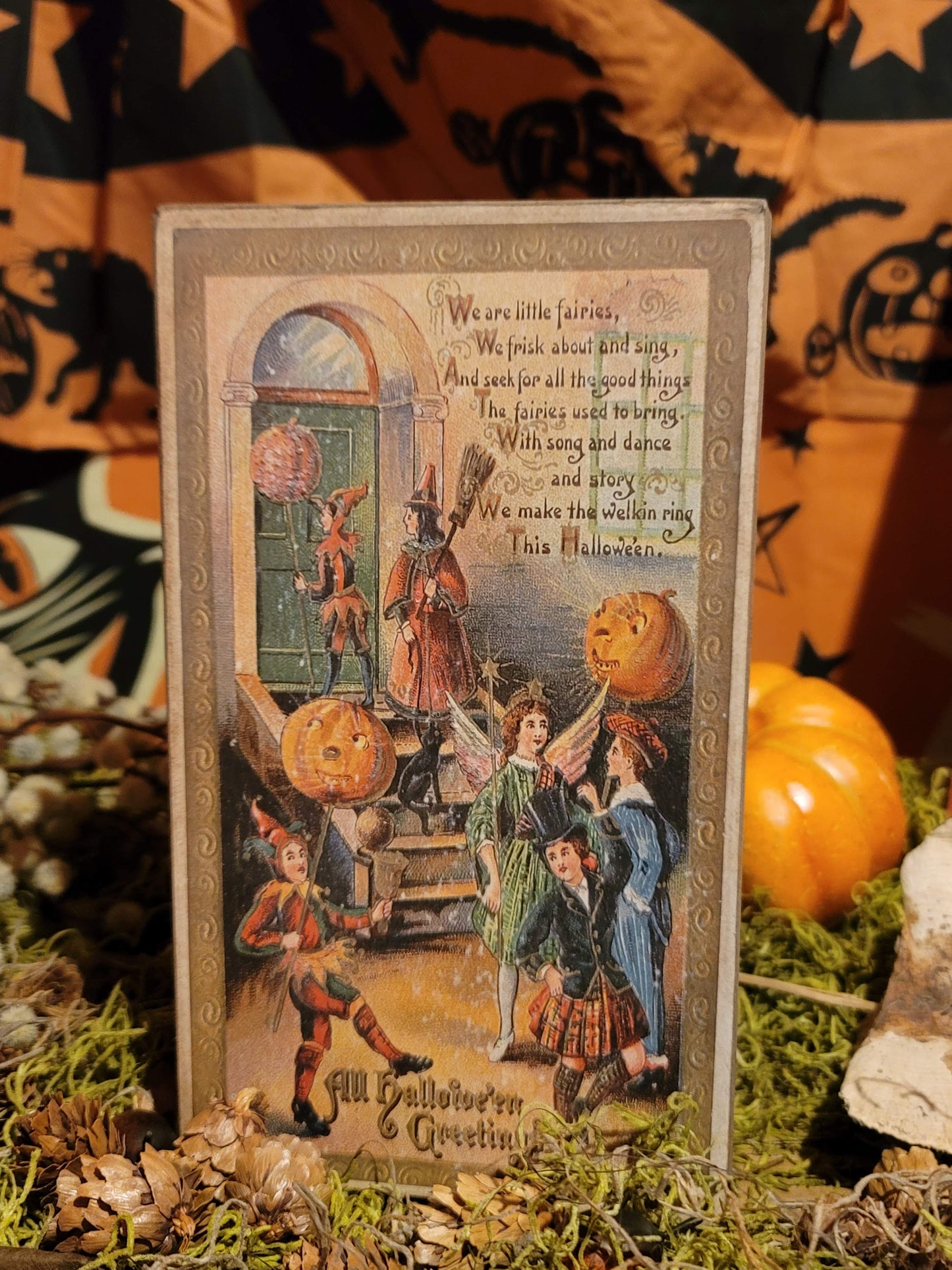 Vintage Halloween Style Postcard Glittered Witch Jesters Artist Box