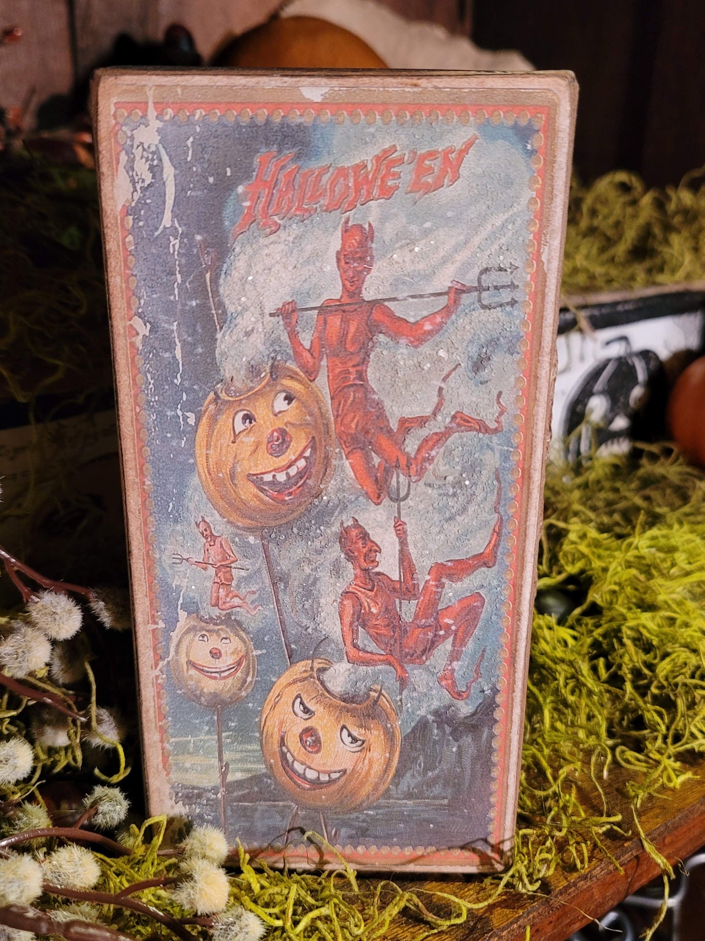 Vintage Halloween Postcard Style Devil Artist Glittered Box