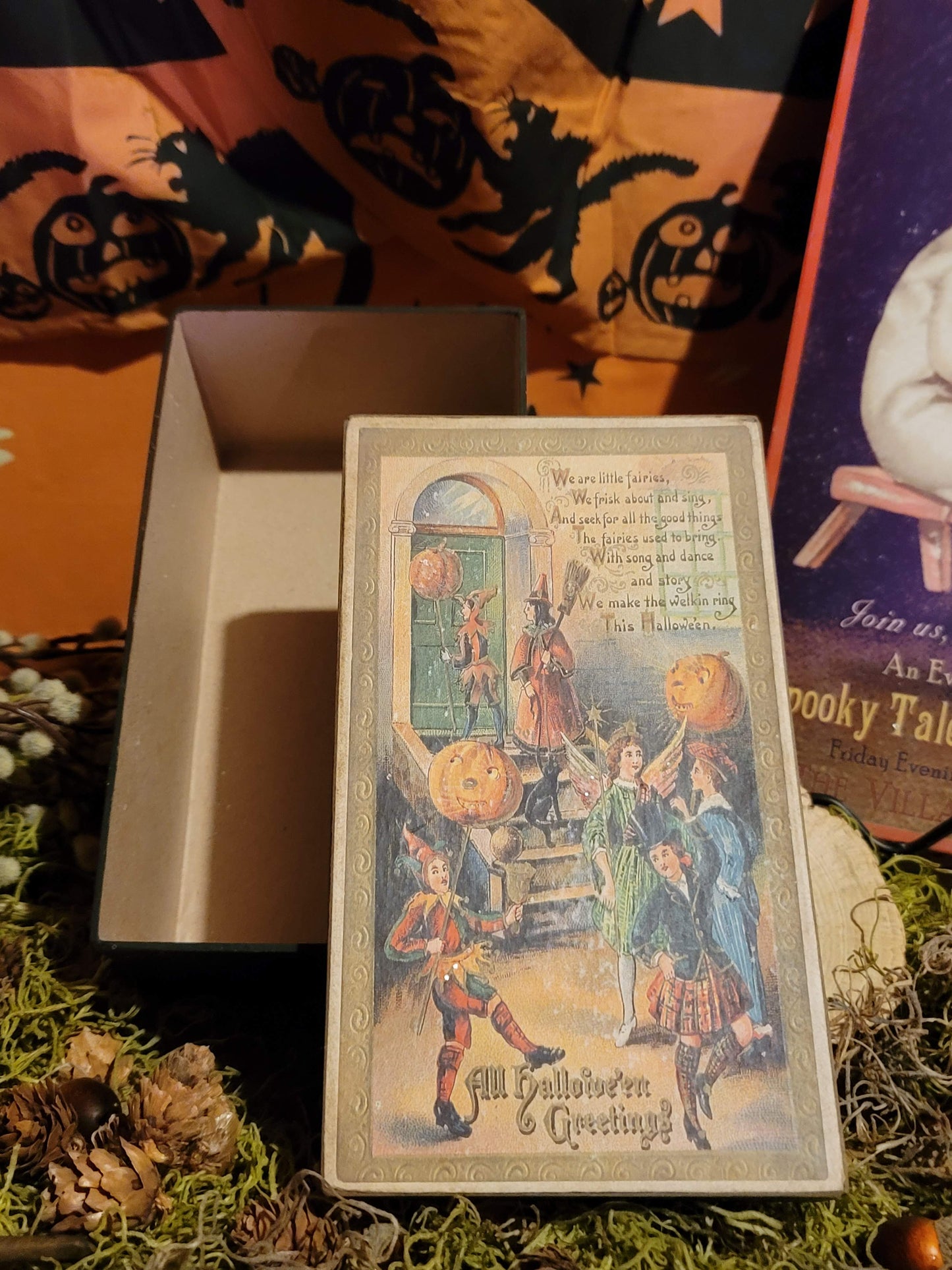 Vintage Halloween Style Postcard Glittered Witch Jesters Artist Box