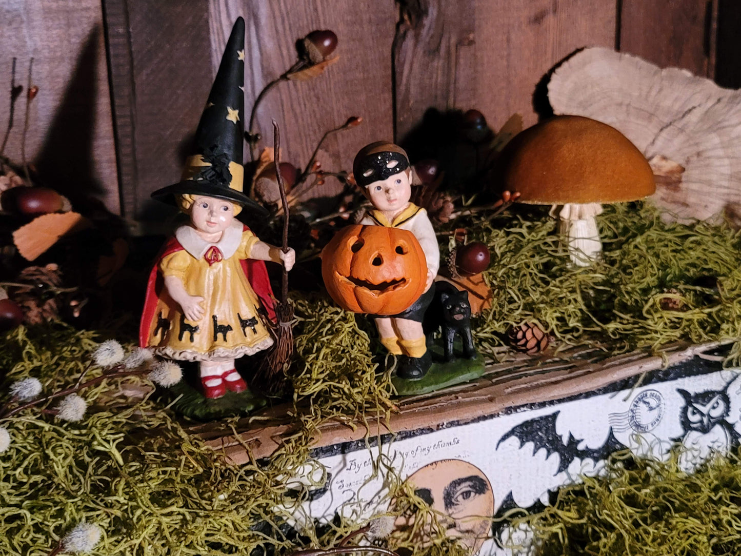 Vintage Halloween Style Postcard Bethany Lowe Witch Girl and Boy with Pumpkin Set