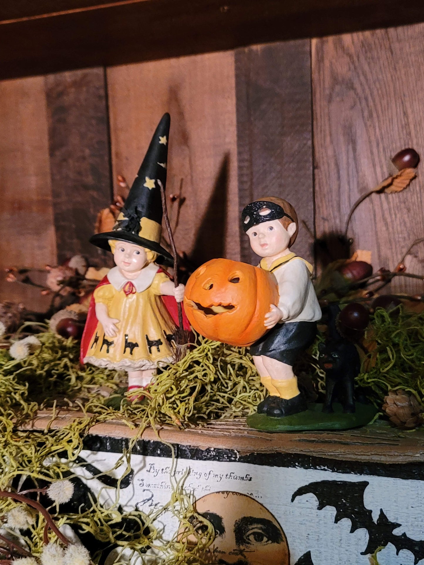Vintage Halloween Style Postcard Bethany Lowe Witch Girl and Boy with Pumpkin Set