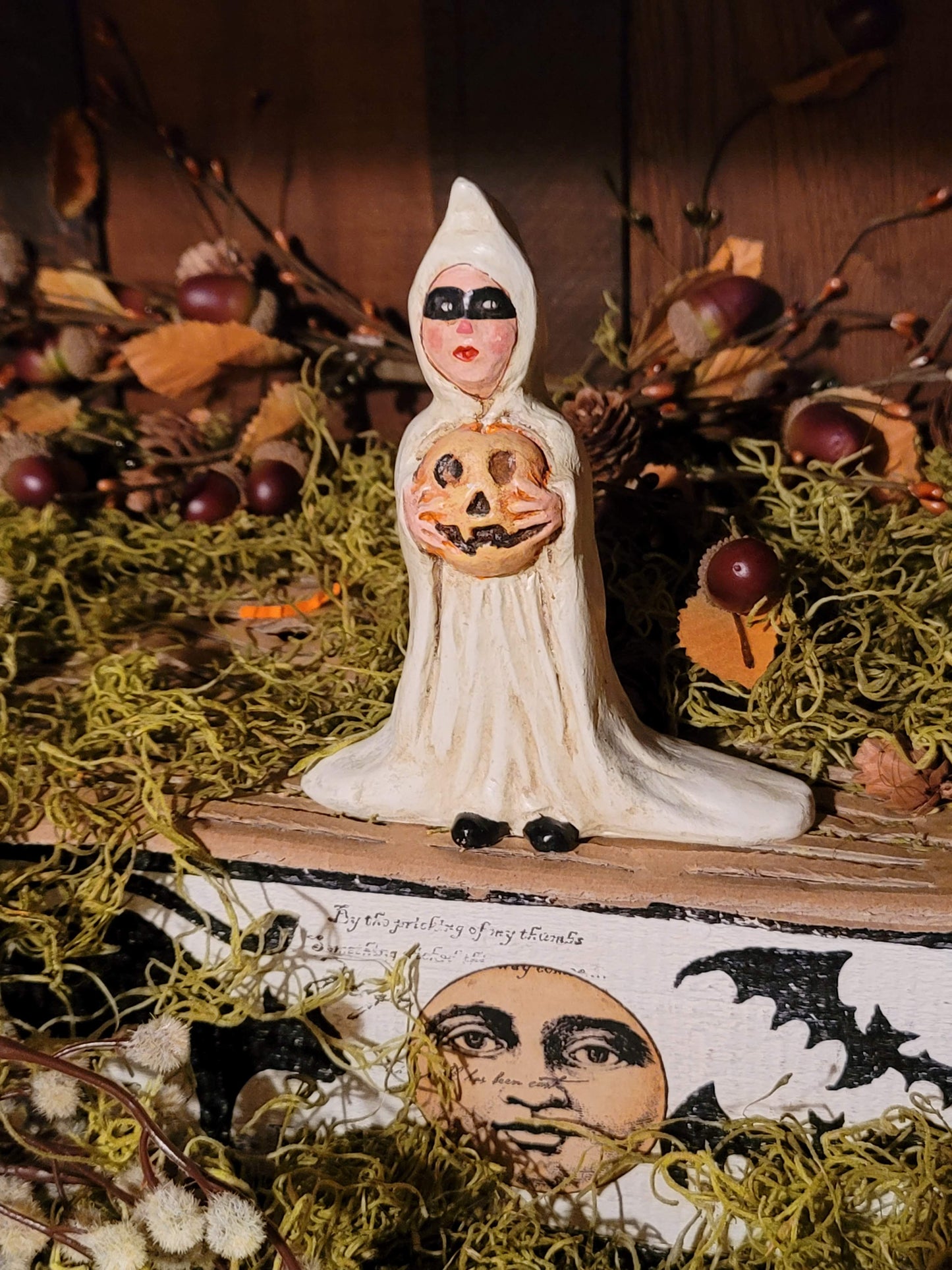 Vintage Halloween Silver Willow Ghost Trick or Treater holding Pumpkin Figurine