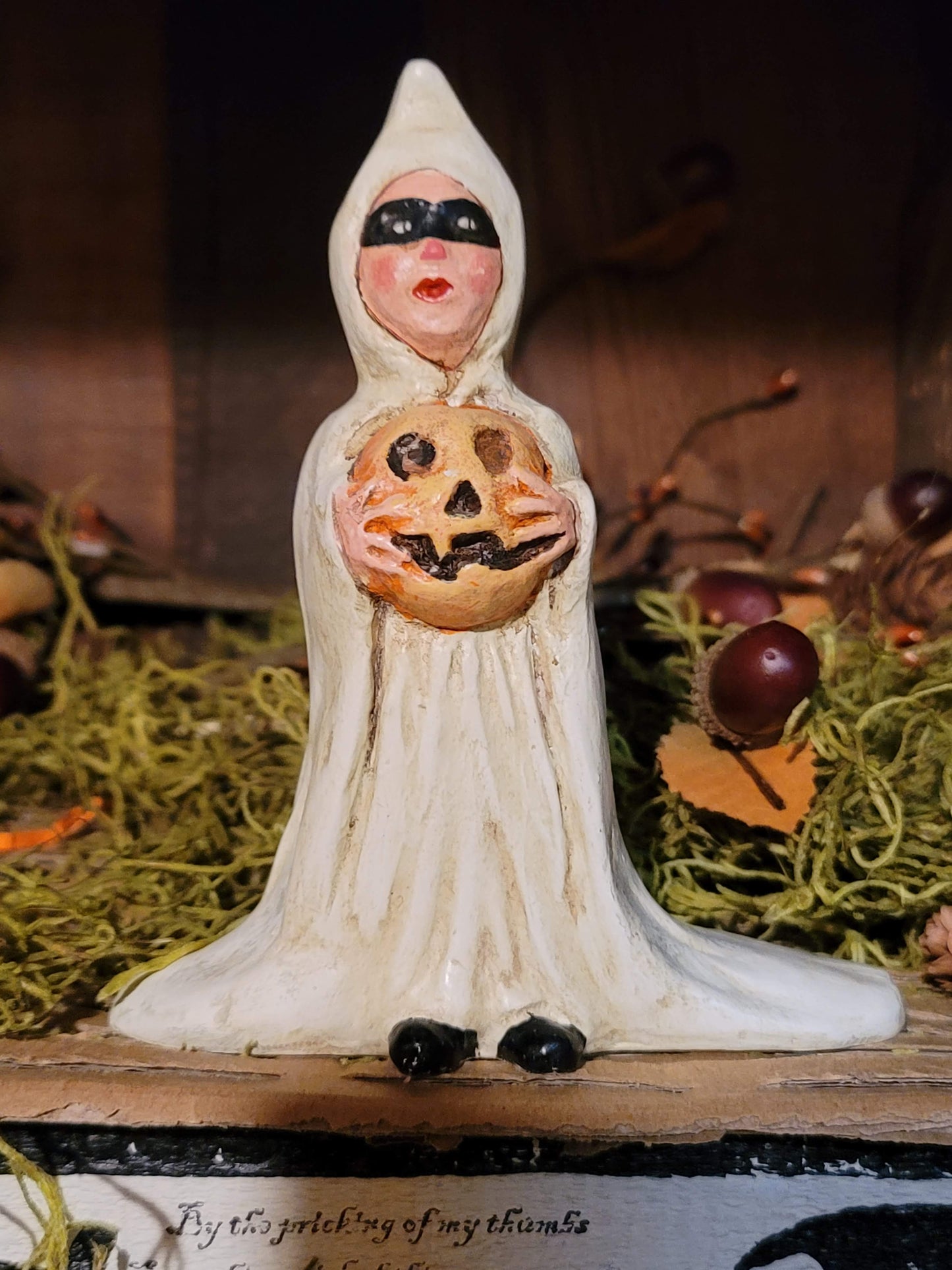 Vintage Halloween Silver Willow Ghost Trick or Treater holding Pumpkin Figurine