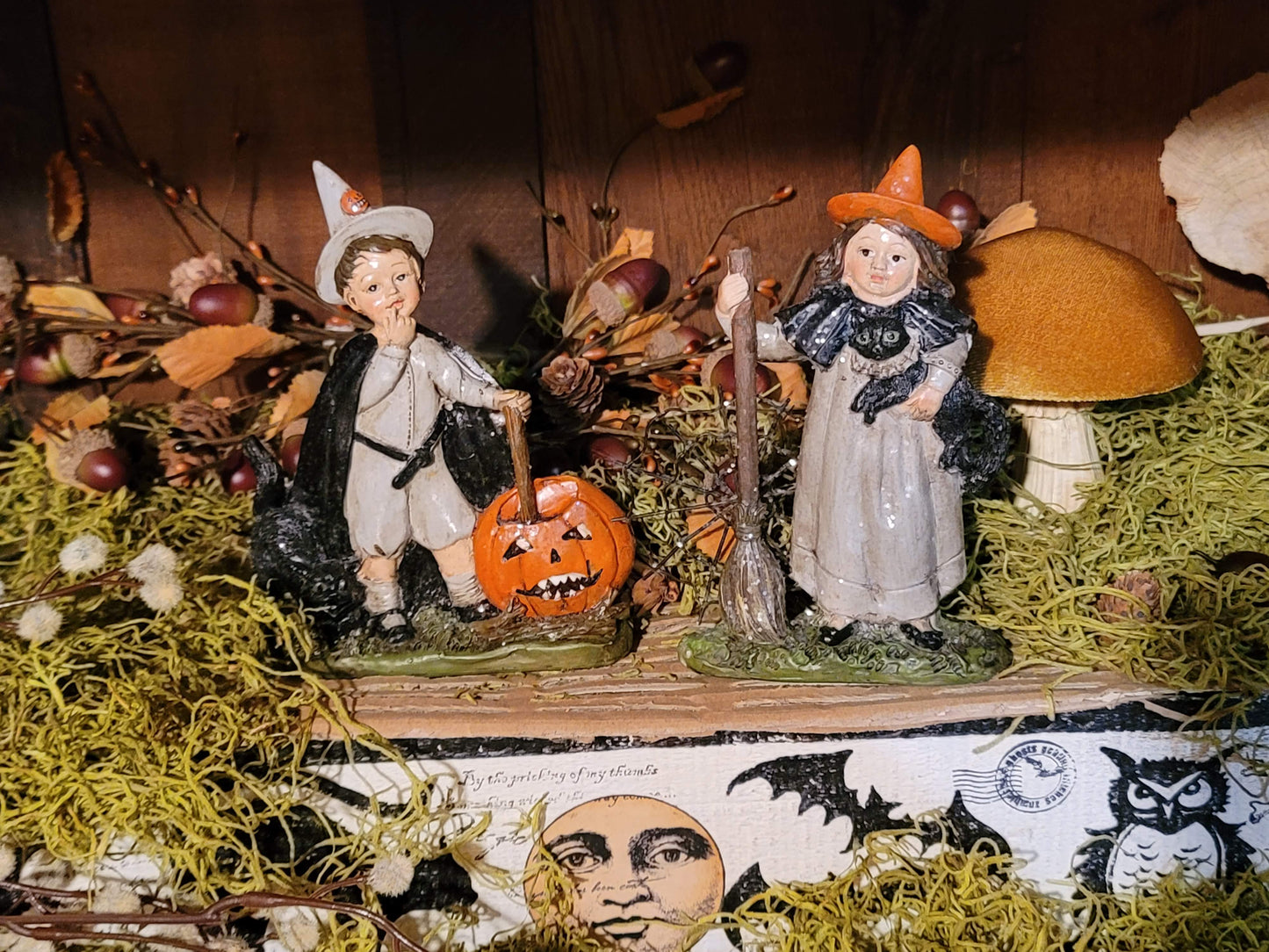 Vintage Halloween Style Witch Boy and Girl with Black Cat Figurines Set