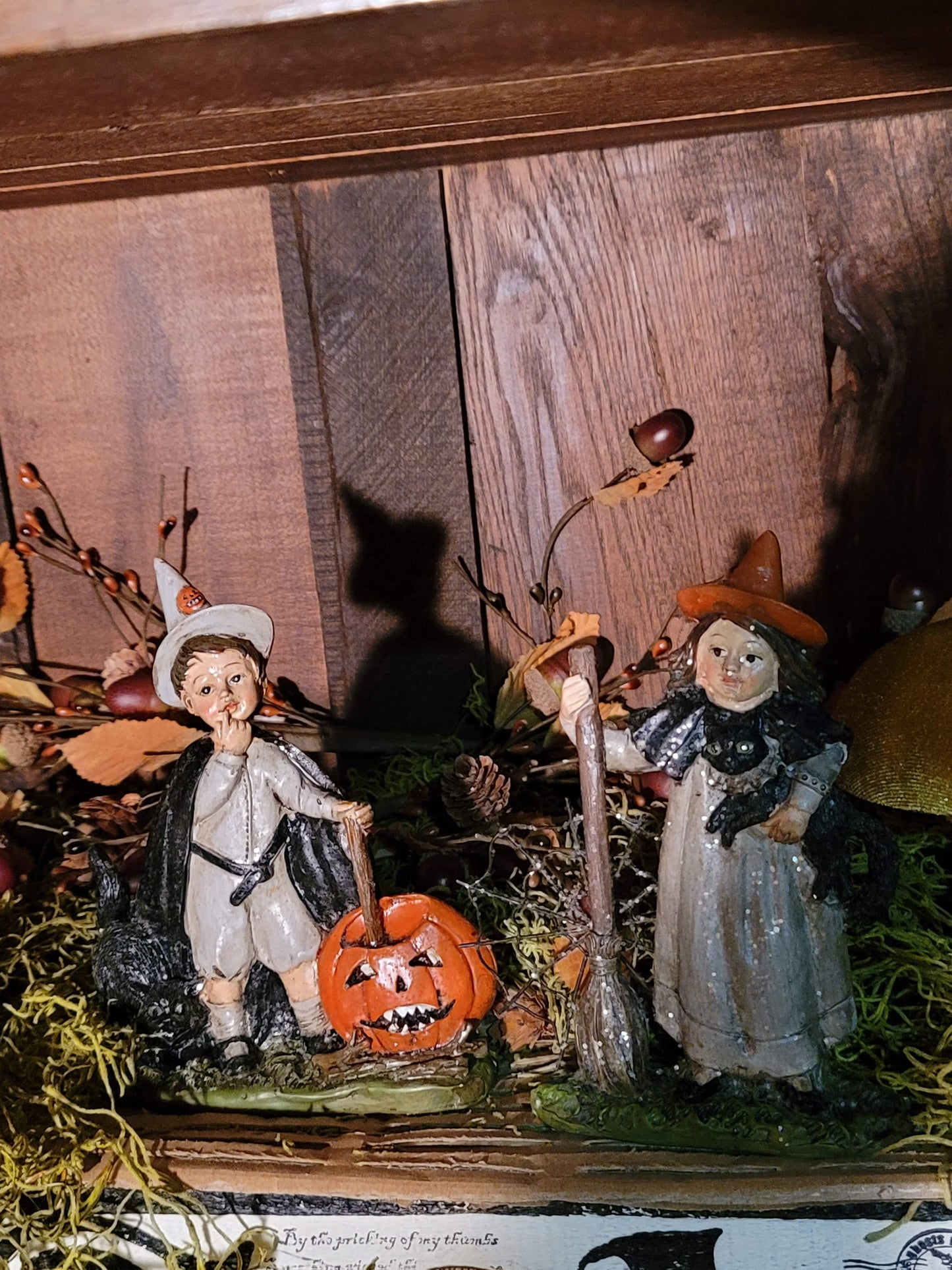 Vintage Halloween Style Witch Boy and Girl with Black Cat Figurines Set