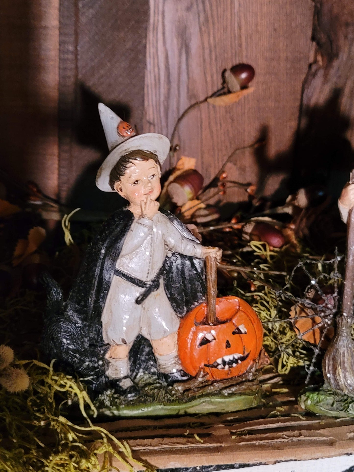 Vintage Halloween Style Witch Boy and Girl with Black Cat Figurines Set