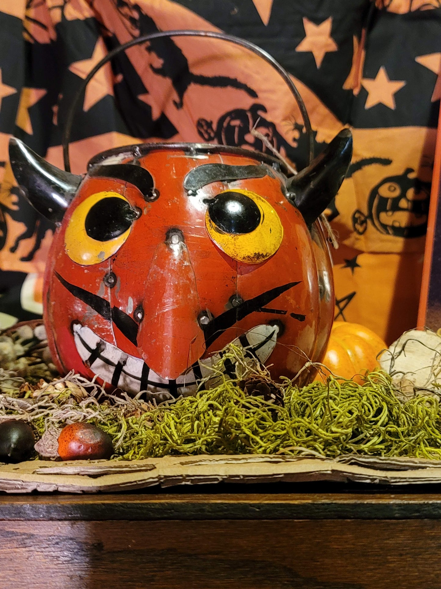 Vintage Halloween Style Metal Devil Head Candy Bucket Container