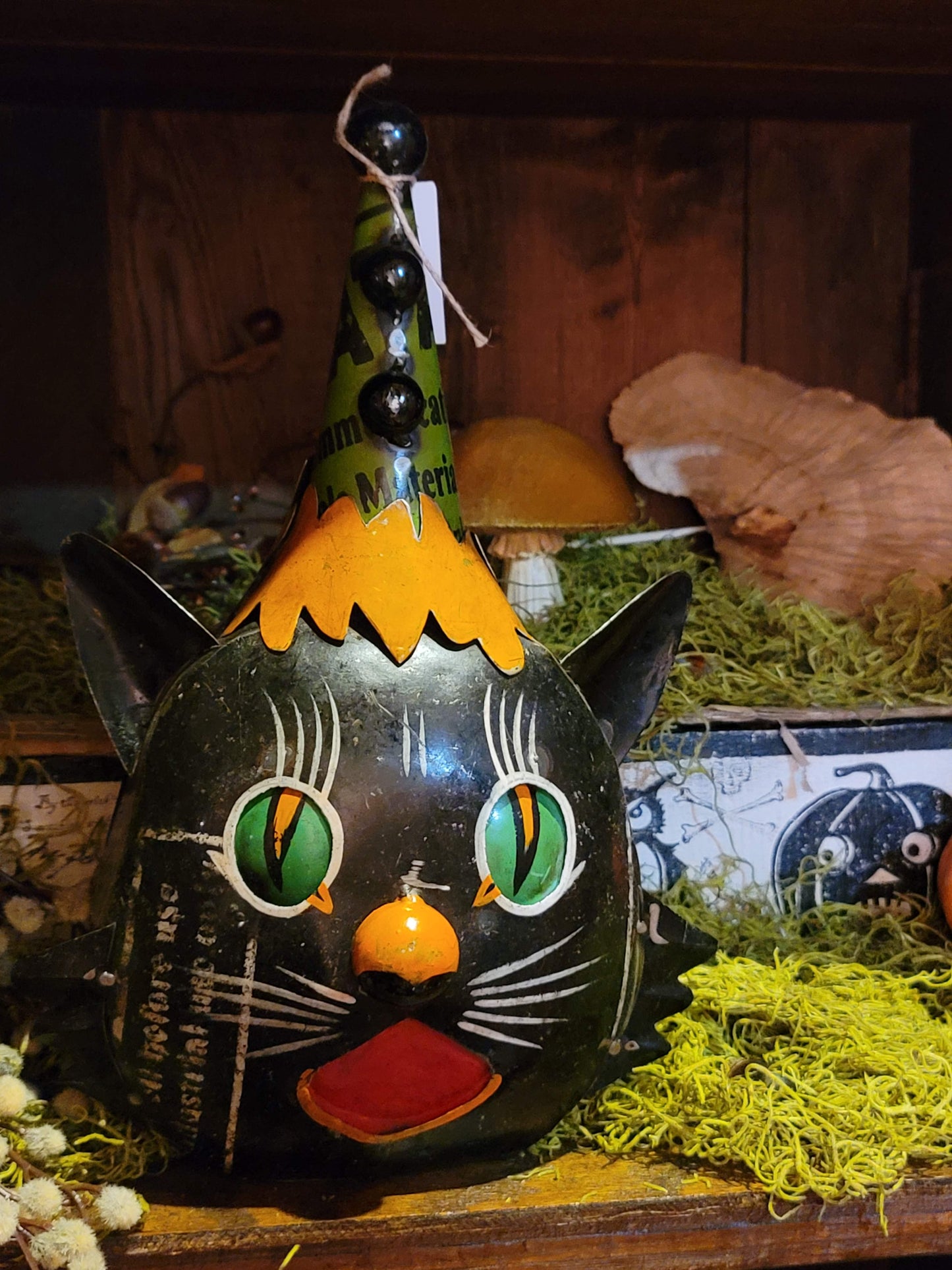 Vintage Halloween Style Black Cat Witch Clown Head Figurine