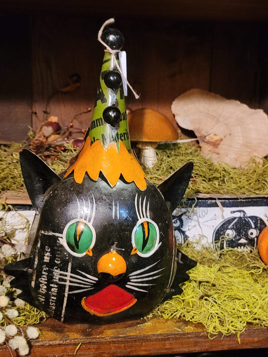 Vintage Halloween Style Black Cat Witch Clown Head Figurine