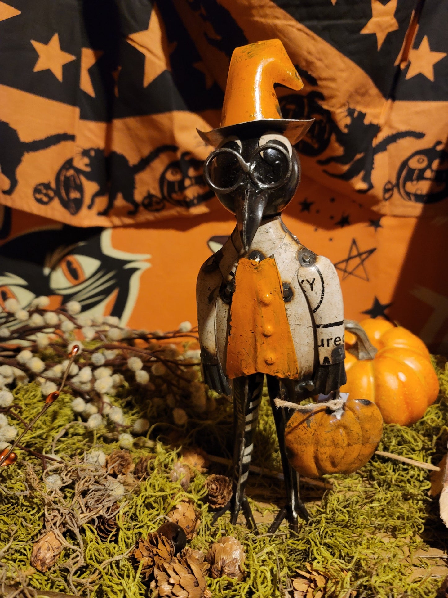 Vintage Halloween Style Whimsical Raven Crow Witch with Pumpkin Figurine