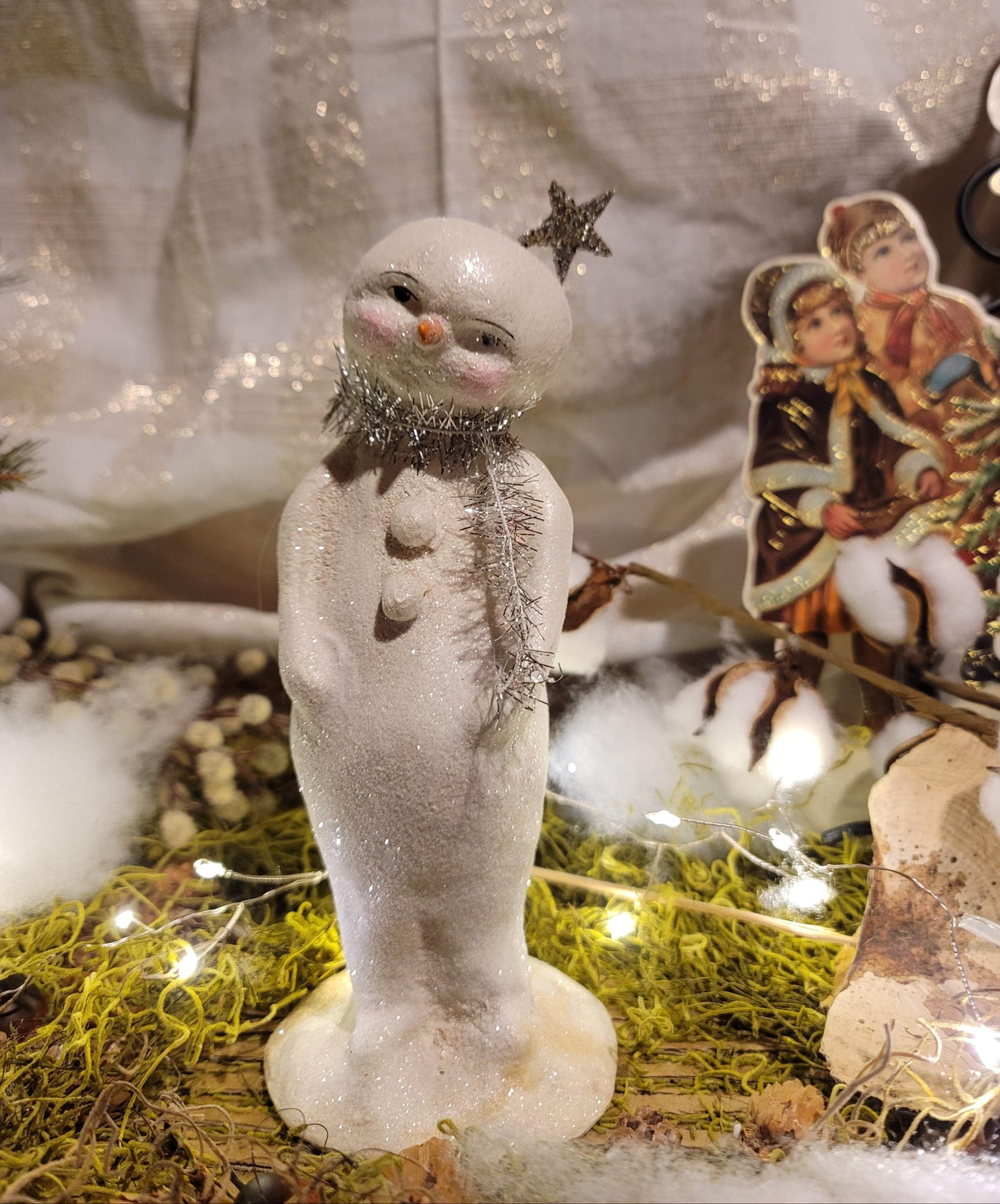 Vintage Christmas Style Folk Art Fancy Forest Glittered Star Snowman Dee Foust Harvey