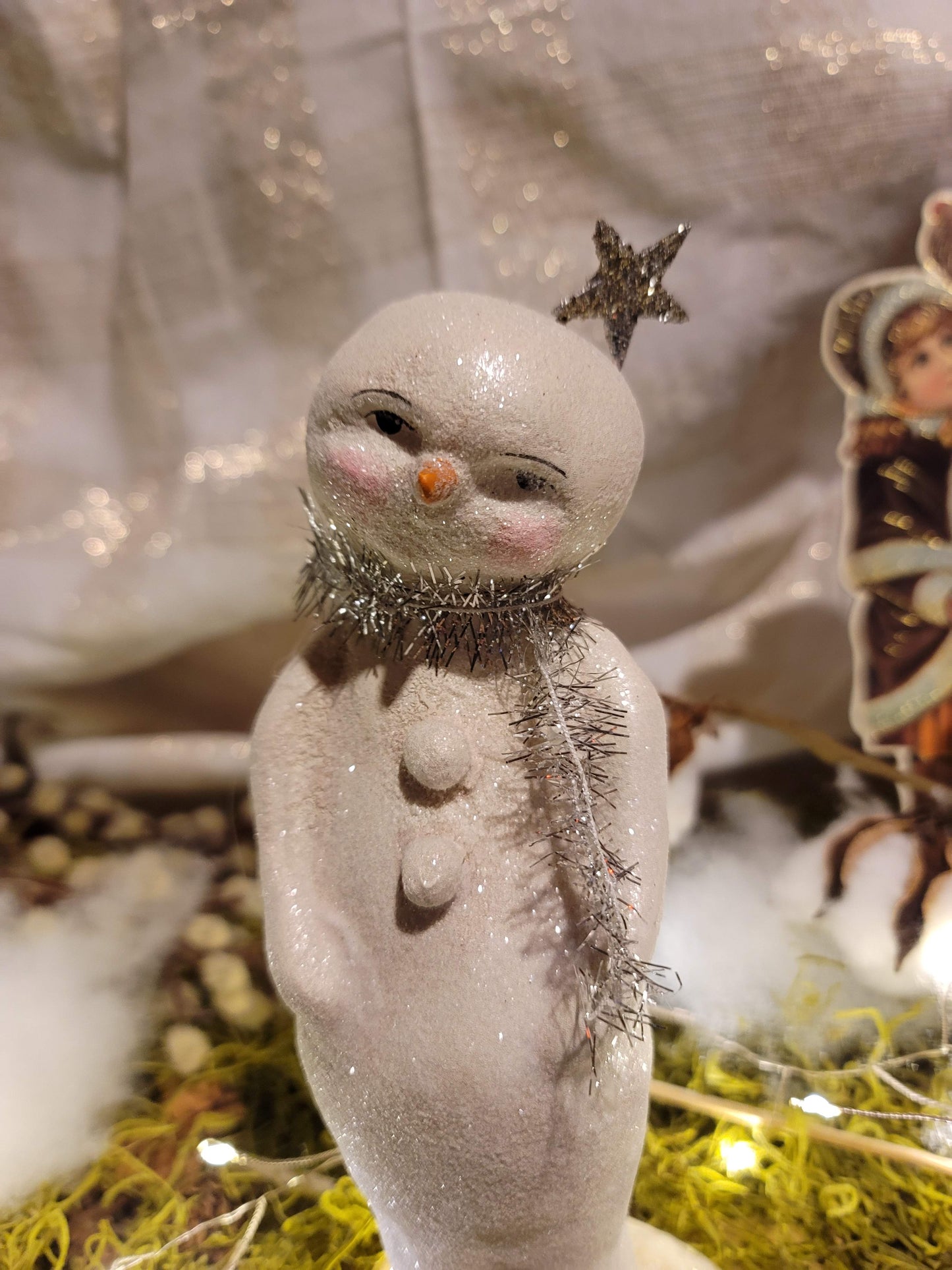 Vintage Christmas Style Folk Art Fancy Forest Glittered Star Snowman Dee Foust Harvey