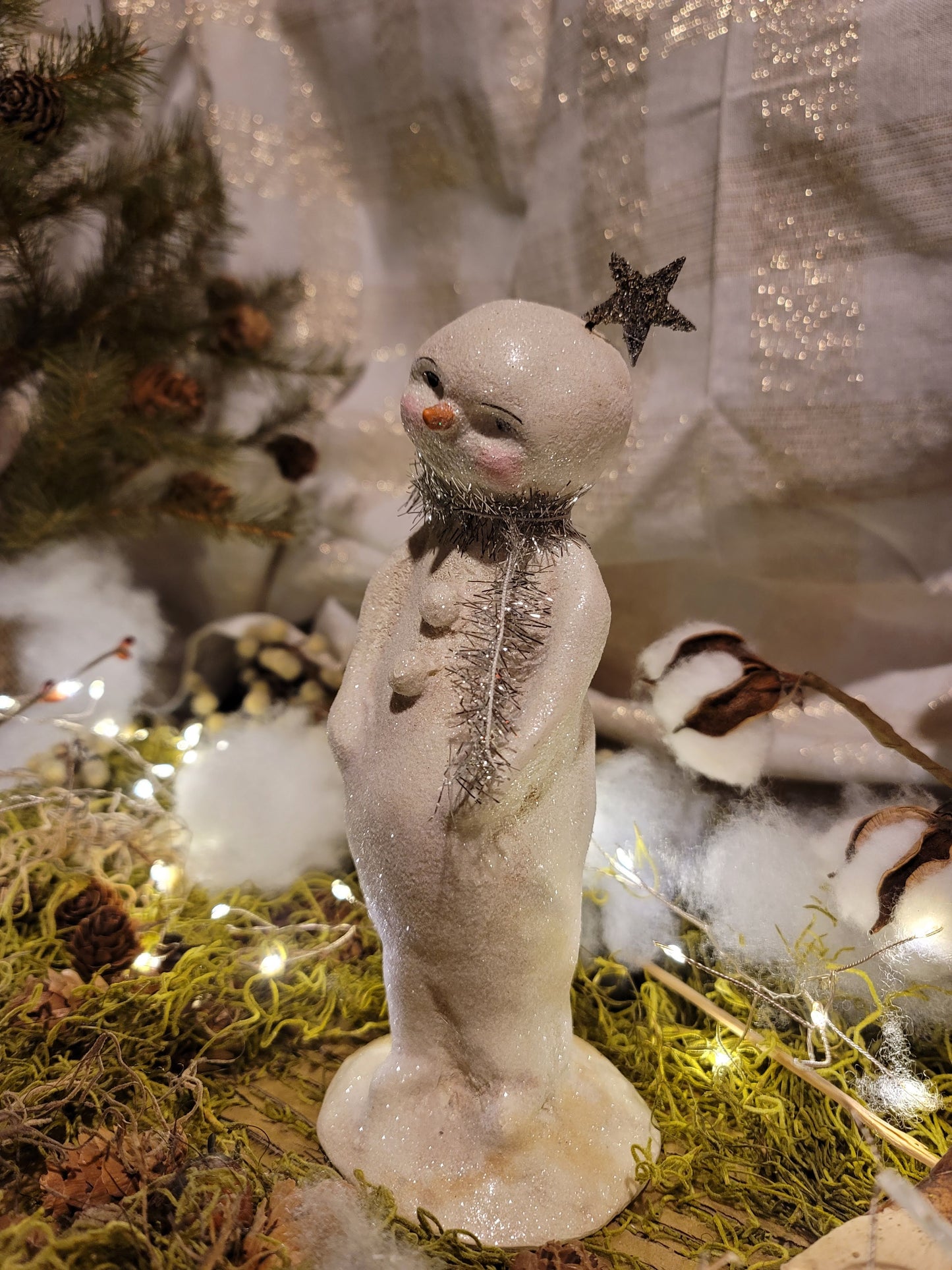 Vintage Christmas Style Folk Art Fancy Forest Glittered Star Snowman Dee Foust Harvey