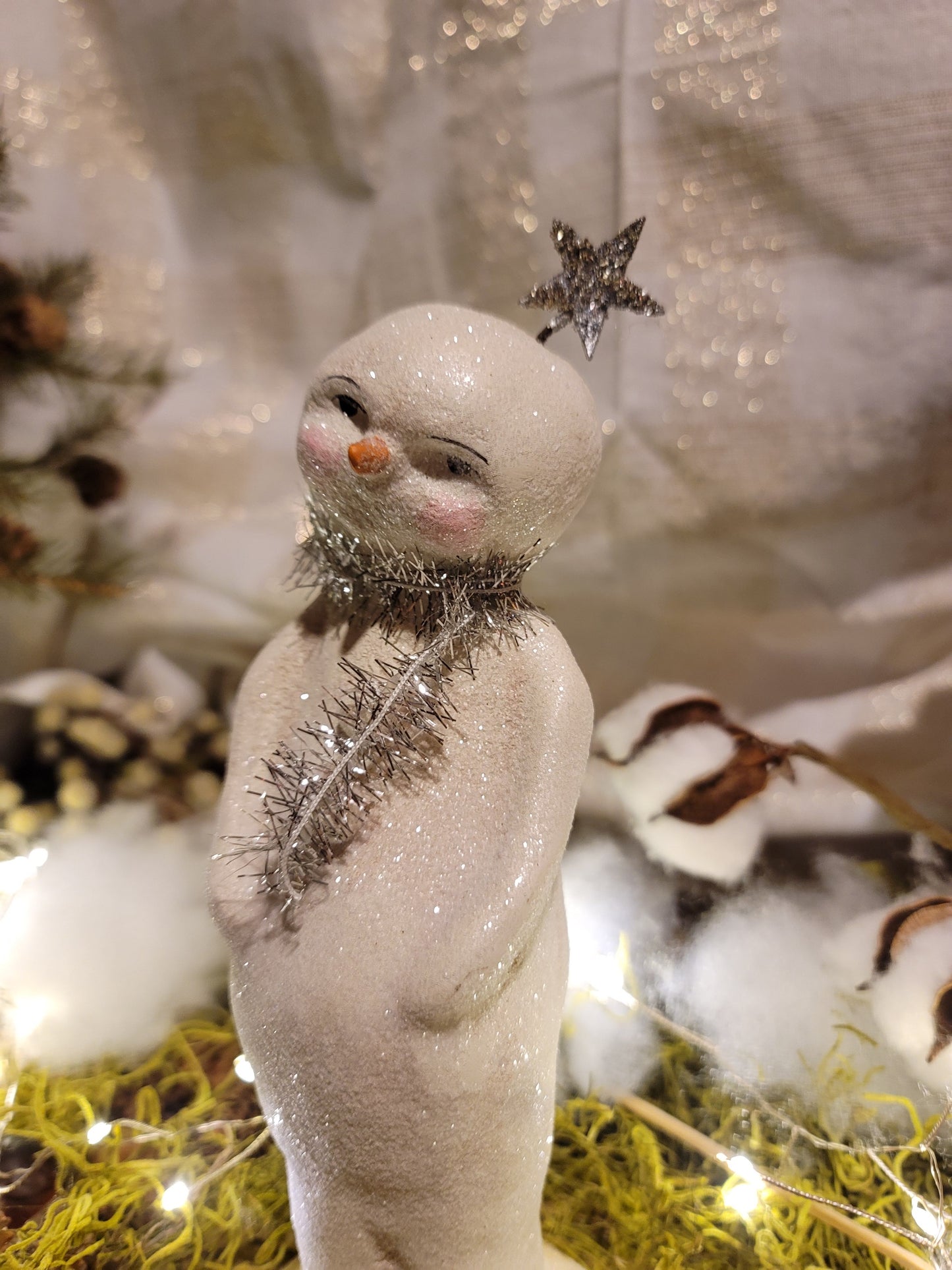 Vintage Christmas Style Folk Art Fancy Forest Glittered Star Snowman Dee Foust Harvey