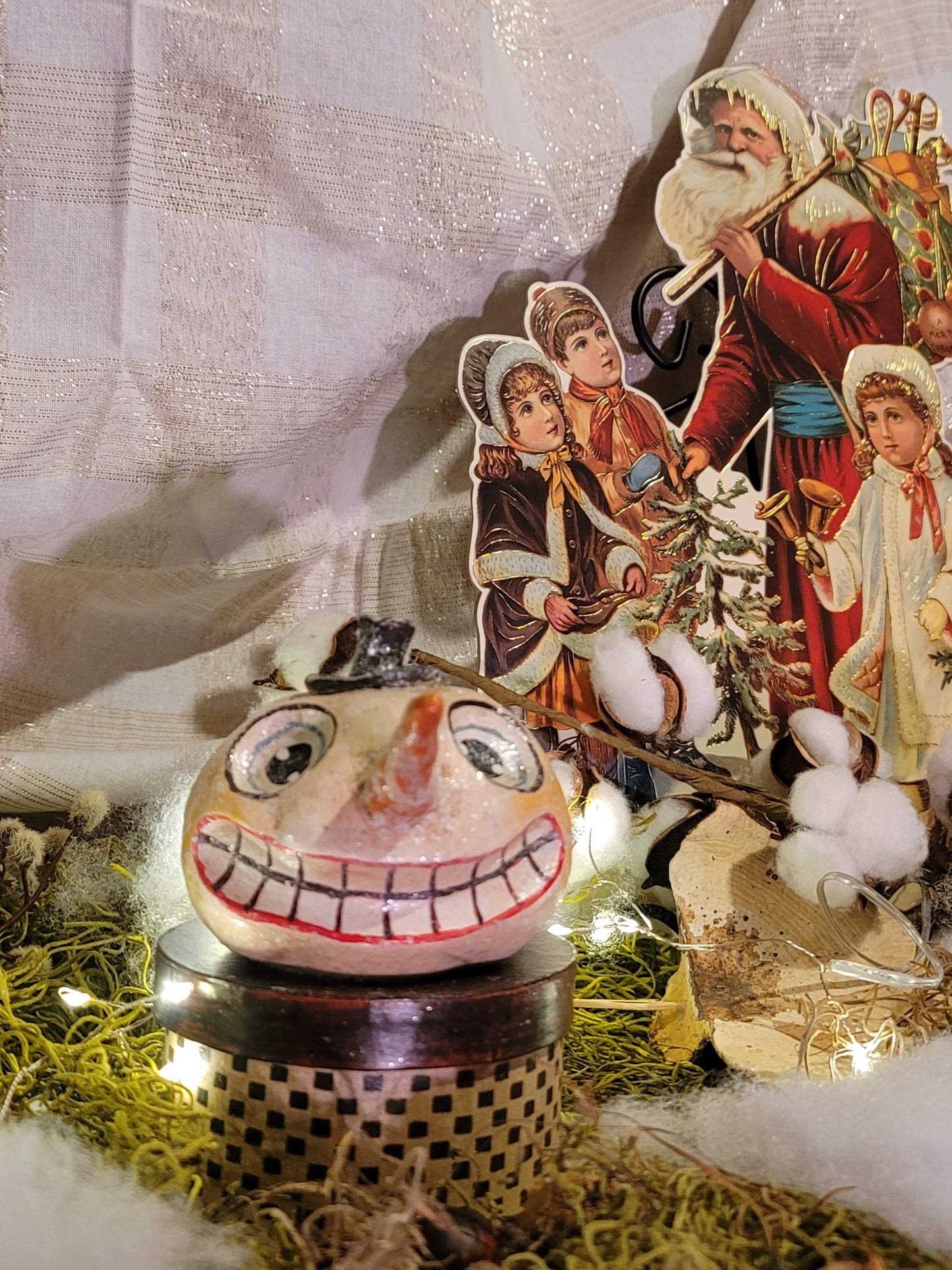 Vintage Christmas Tim Burton Style Silver Willow Glittered Snowman Head Box
