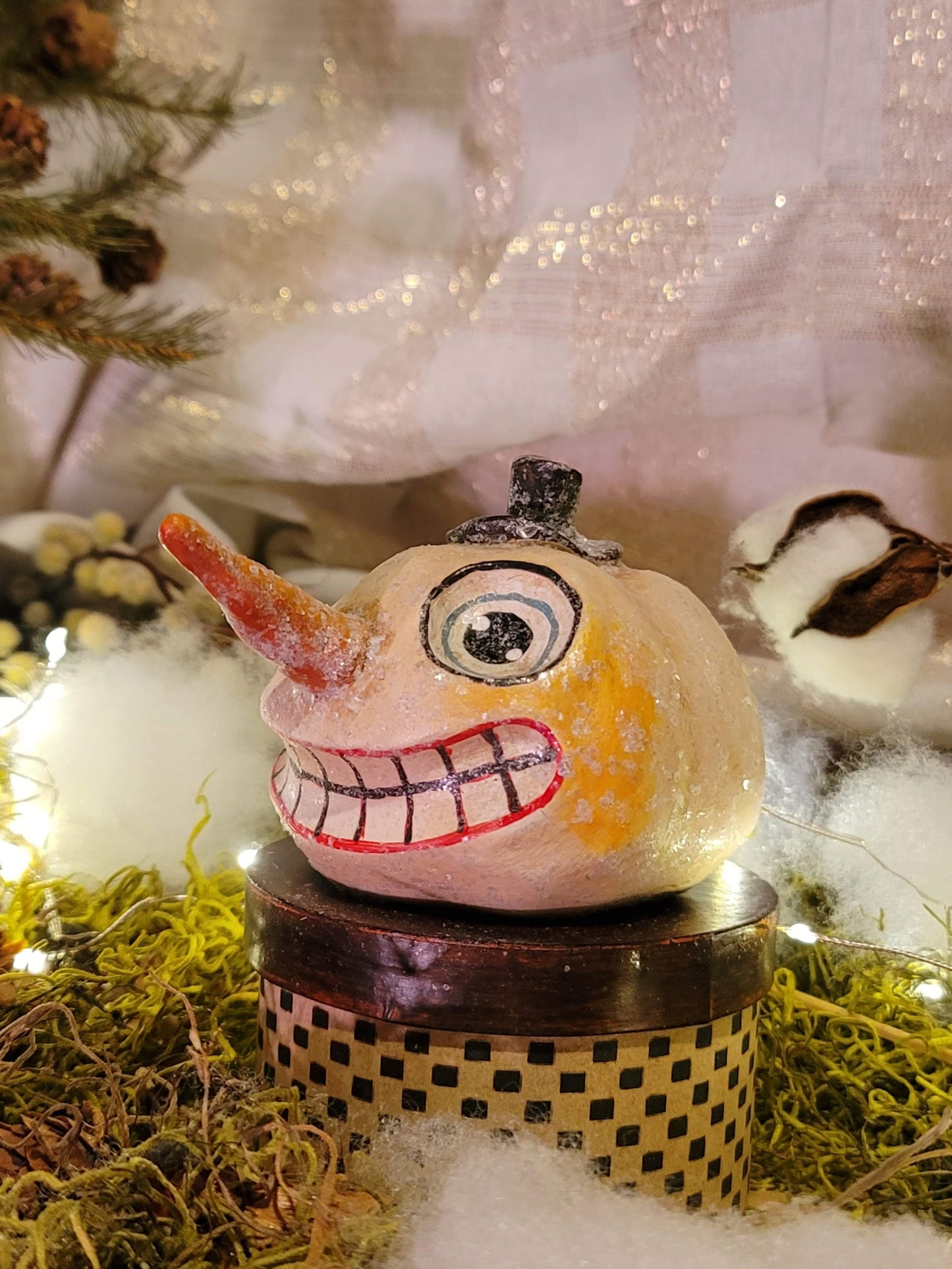 Vintage Christmas Tim Burton Style Silver Willow Glittered Snowman Head Box