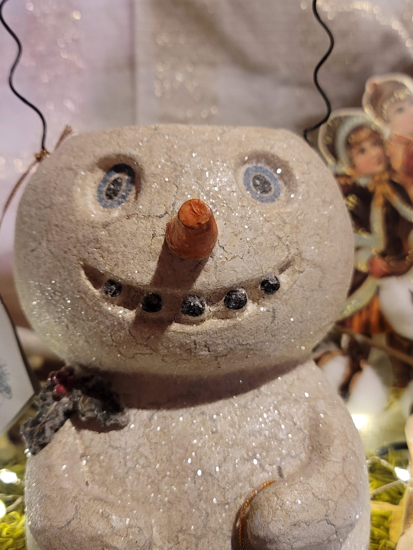 Vintage Christmas Bethany Lowe Folk Art Snowman Bucket with Figure Skate Container
