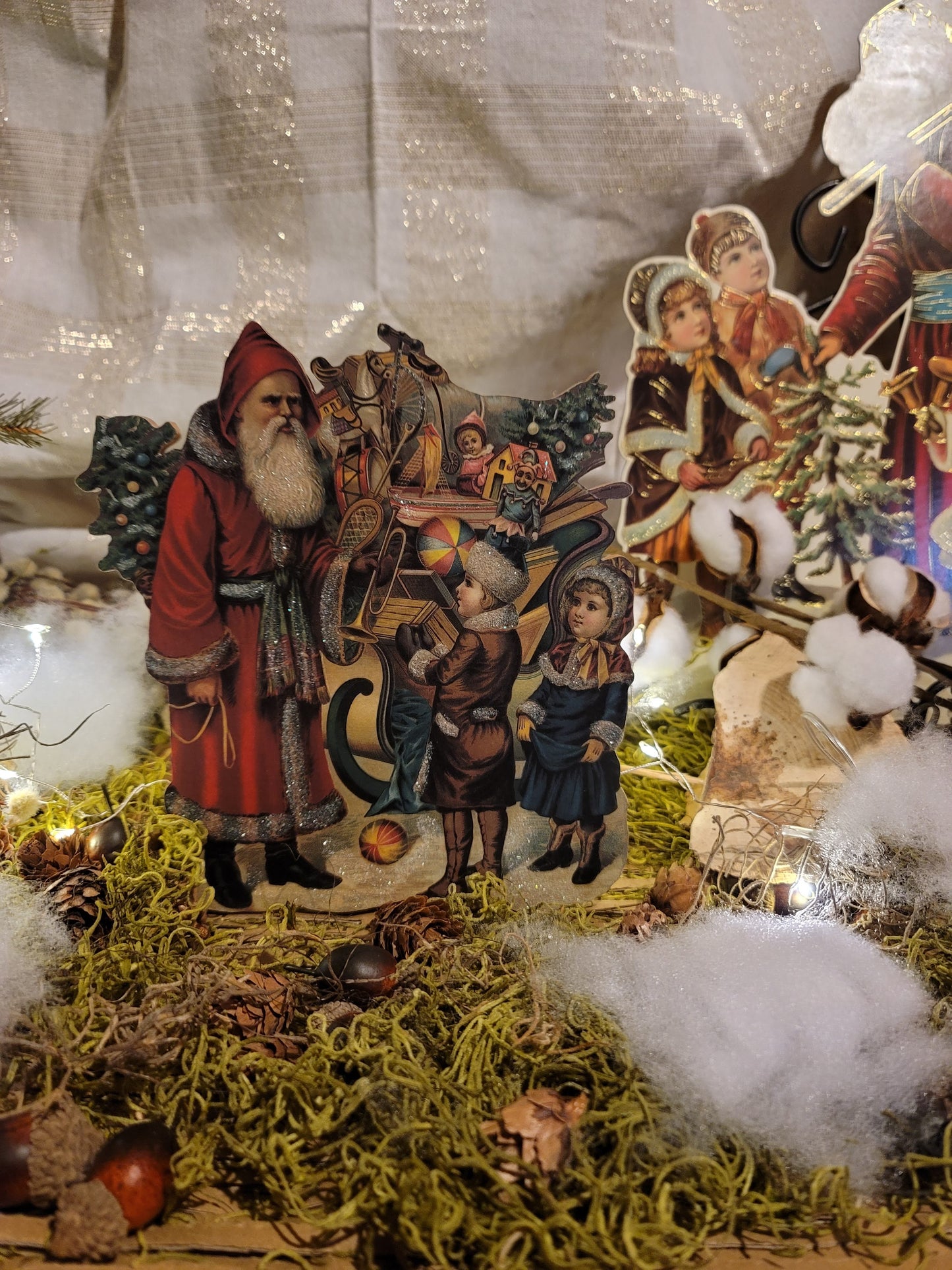 Vintage Victorian Christmas Style Father Christmas with Sleigh and Children Music Box