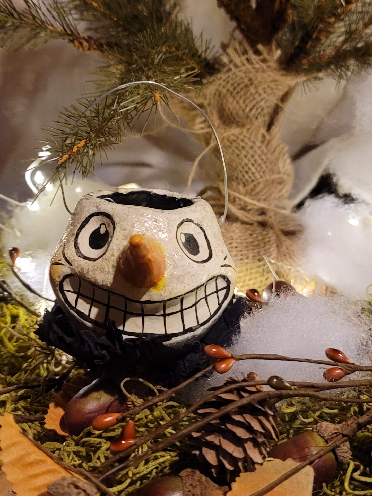 Vintage Halloween Christmas Style Silver Willow Snowman Head Bucket Ornament