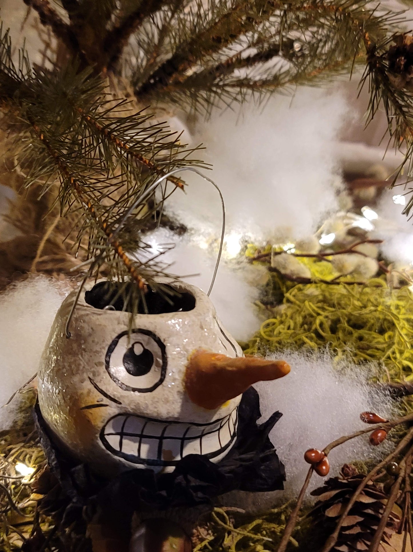 Vintage Halloween Christmas Style Silver Willow Snowman Head Bucket Ornament
