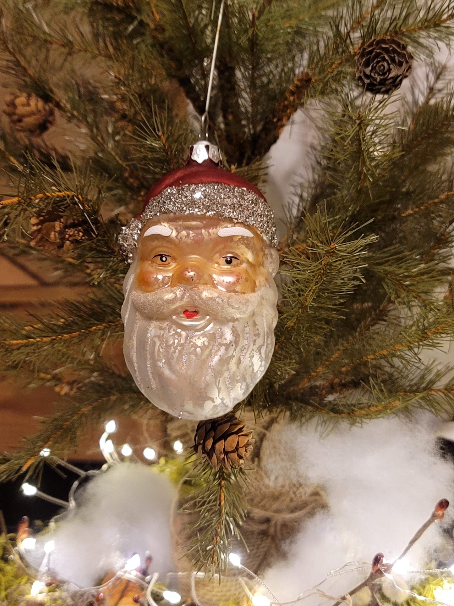 Vintage Retro Style Santa Head Father Christmas Glittered Glass Ornament