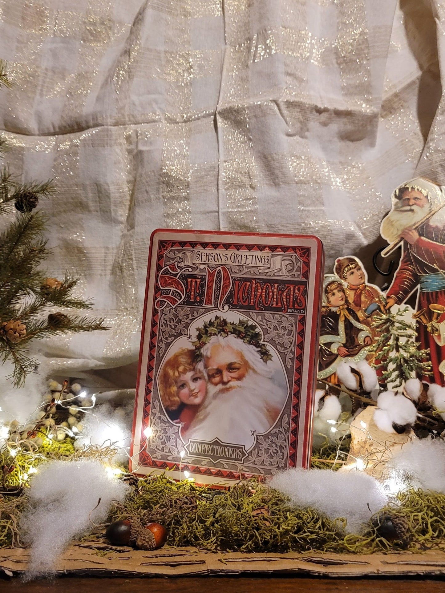 Vintage Victorian Christmas Postcard Santa and Child Metal Cookie Storage Container