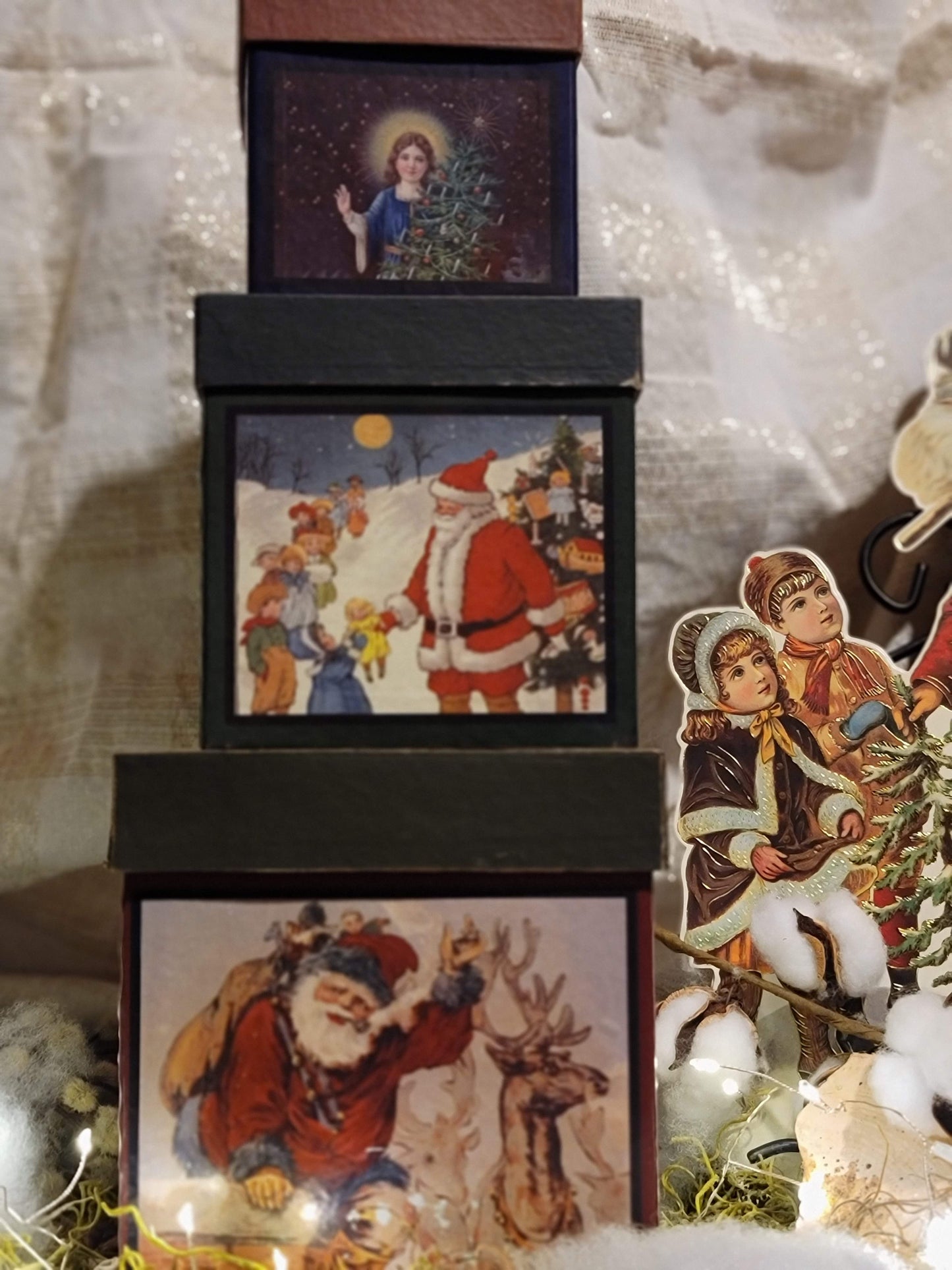 Vintage Victorian Style Christmas Postcard Nesting Boxes Set