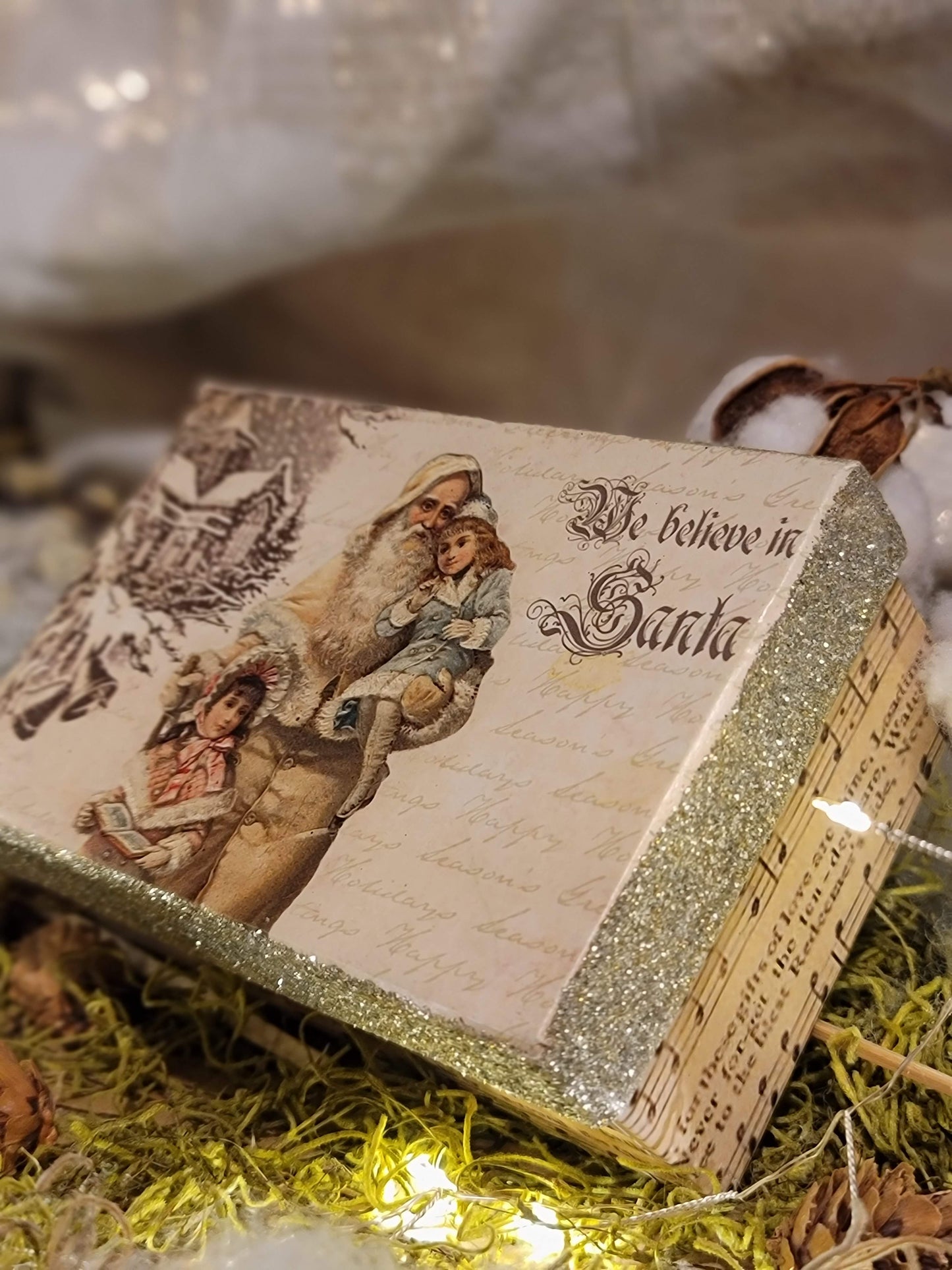 Vintage Victorian Christmas Santa Style Glittered Box Container