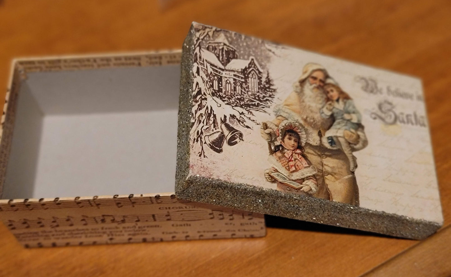Vintage Victorian Christmas Santa Style Glittered Box Container