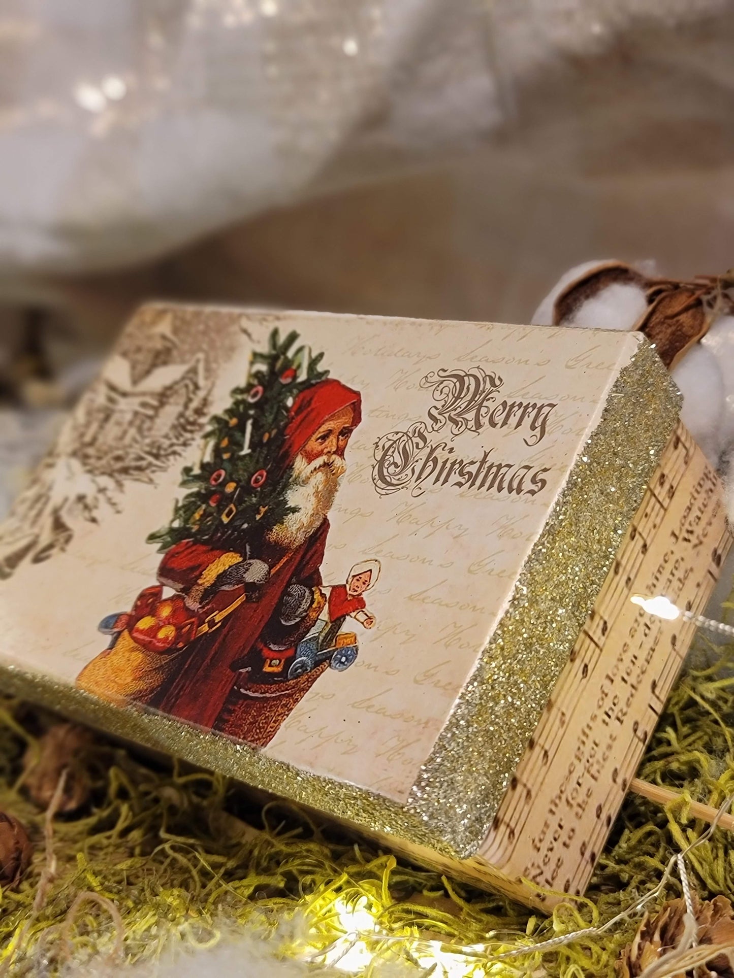 Vintage Victorian Christmas Santa Style Glittered Box Container