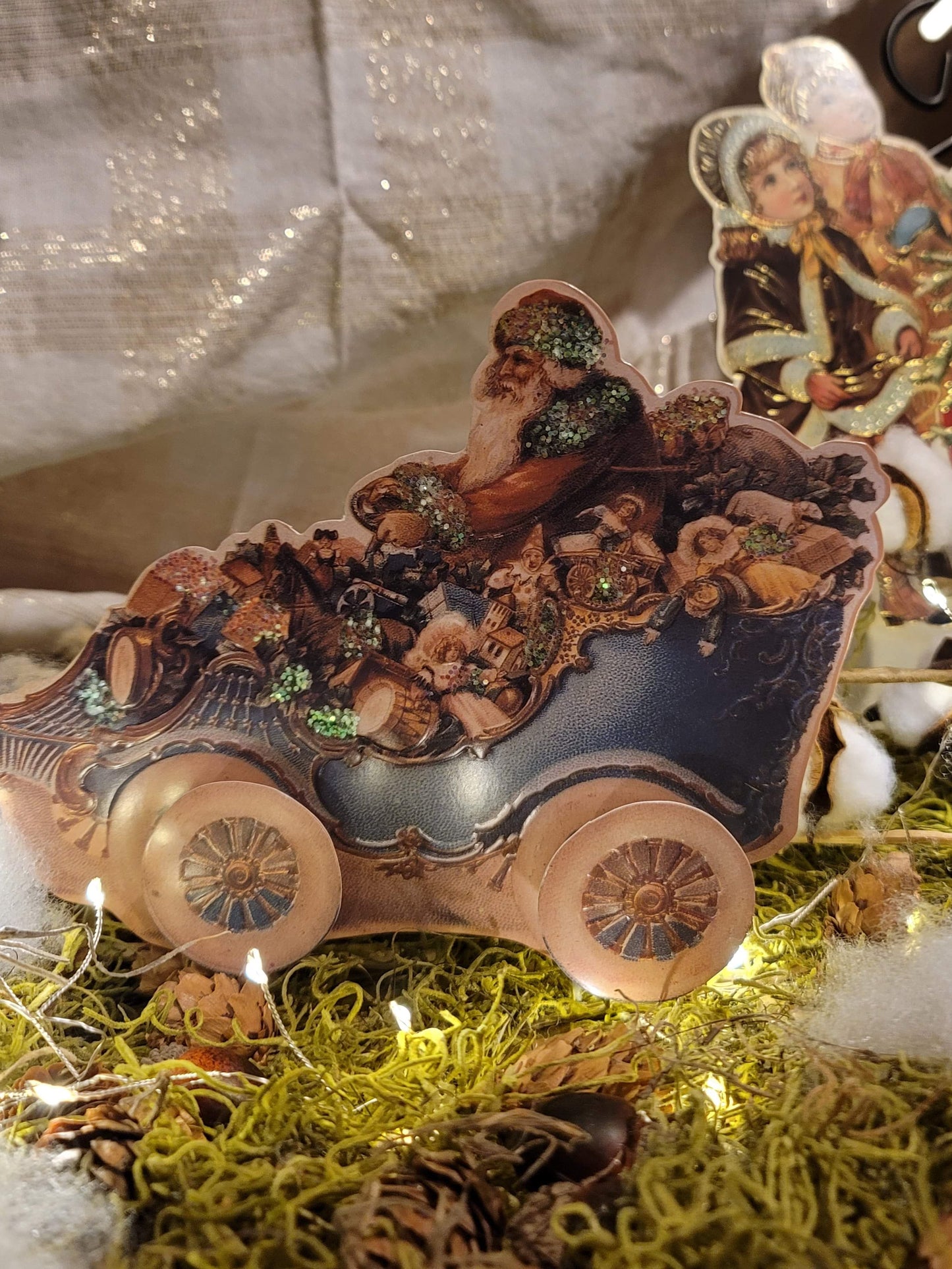 Vintage Victorian Style Santa in Car with Toys Easel Card