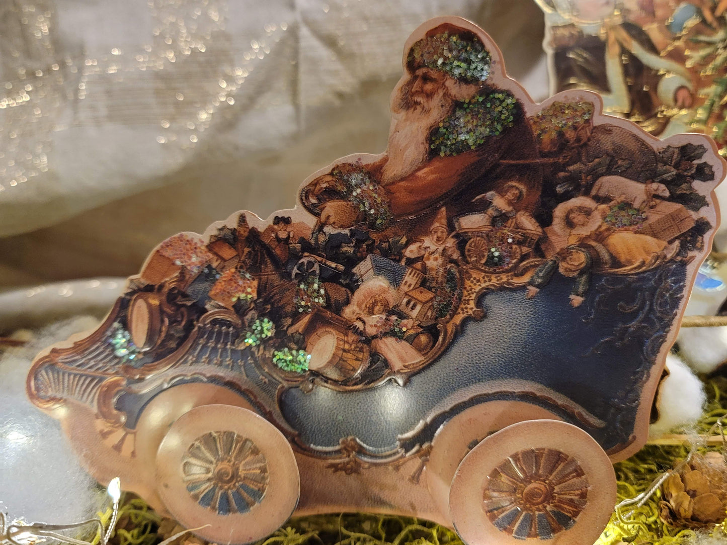 Vintage Victorian Style Santa in Car with Toys Easel Card