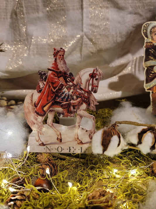 Vintage Victorian Style Equestrian Santa Father Christmas Riding Horse Standing Easel  Card
