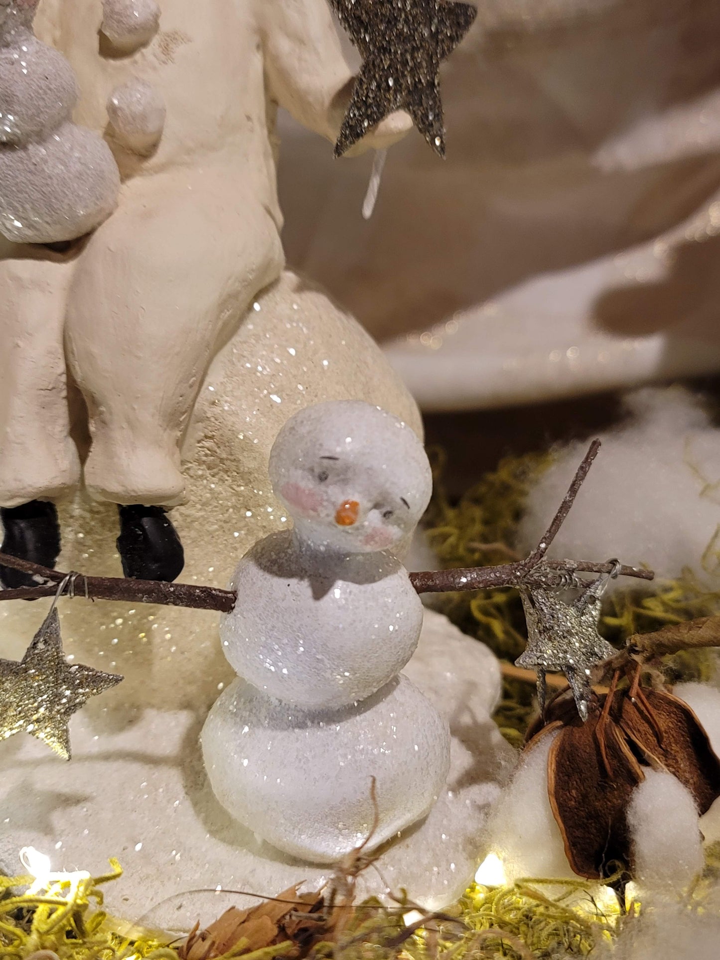 Folk Art Snow Boy on Snowball with Child Snowman Babies
