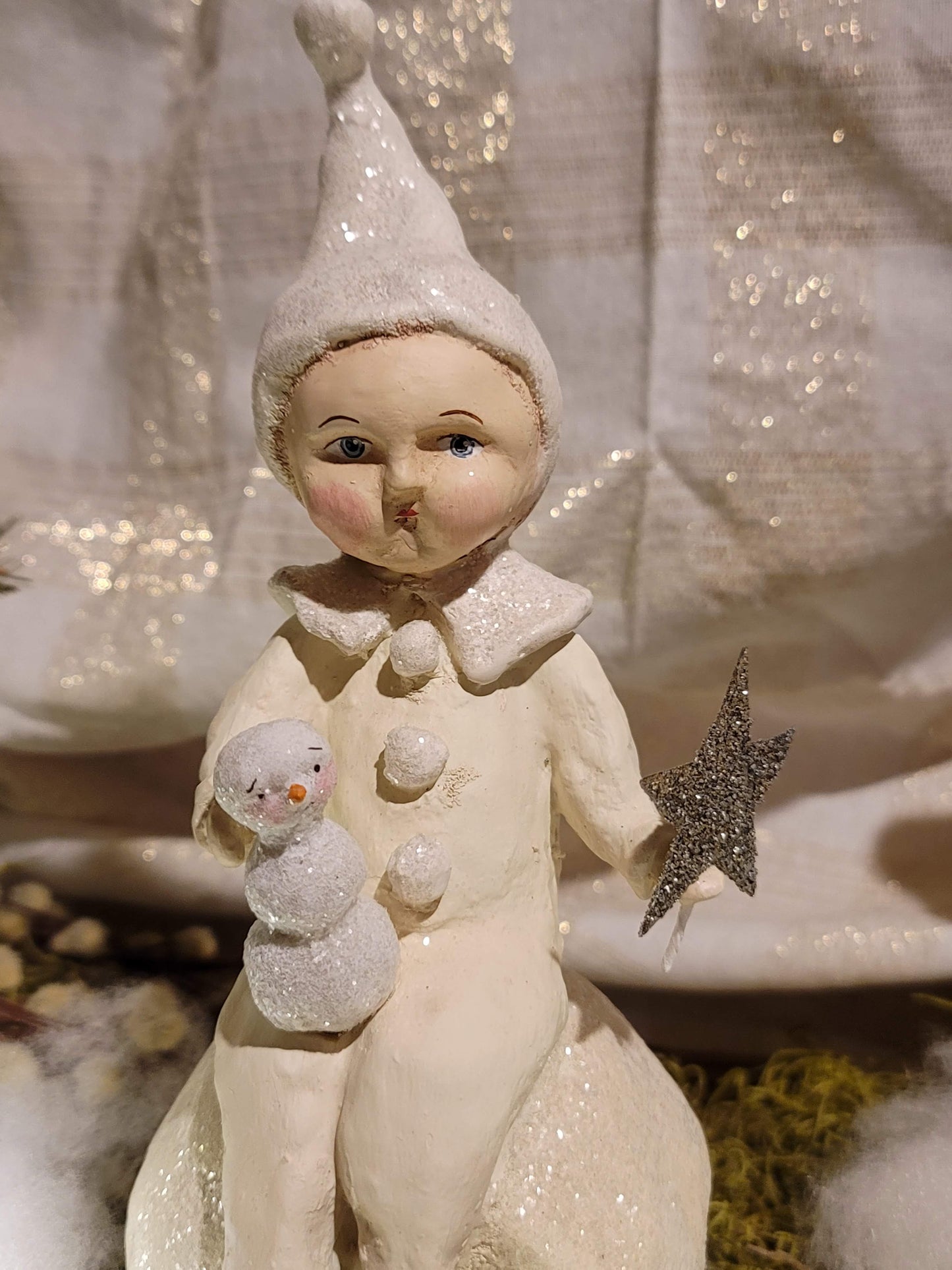 Folk Art Snow Boy on Snowball with Child Snowman Babies