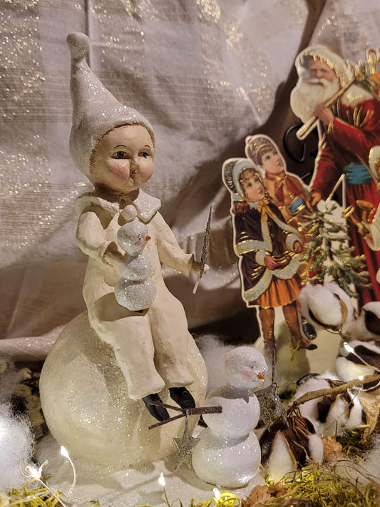 Folk Art Snow Boy on Snowball with Child Snowman Babies