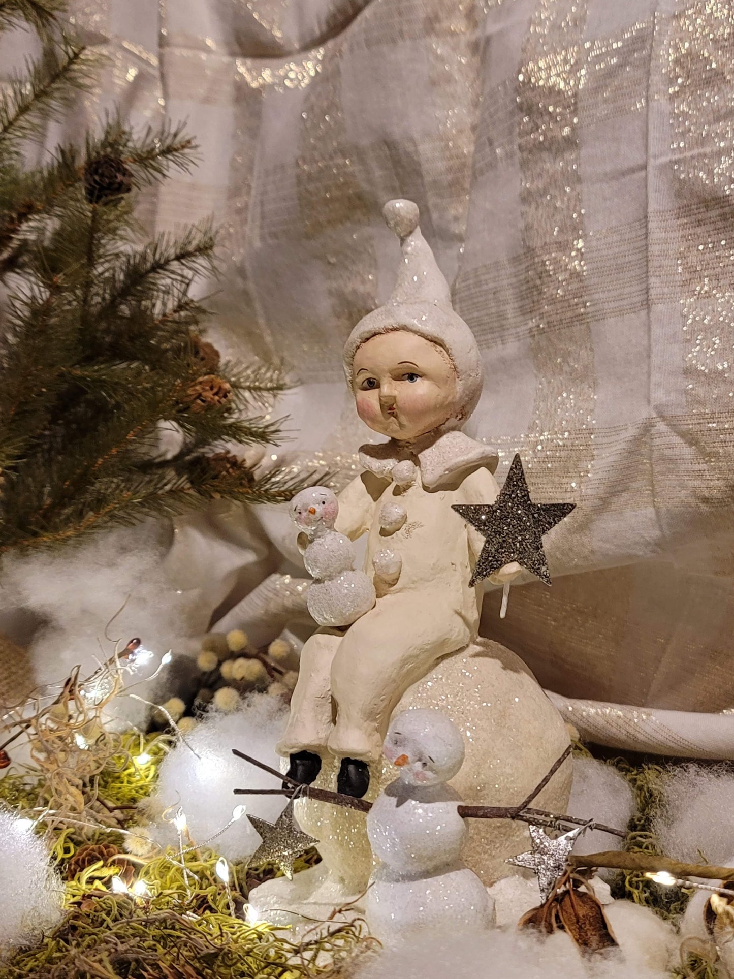 Folk Art Snow Boy on Snowball with Child Snowman Babies