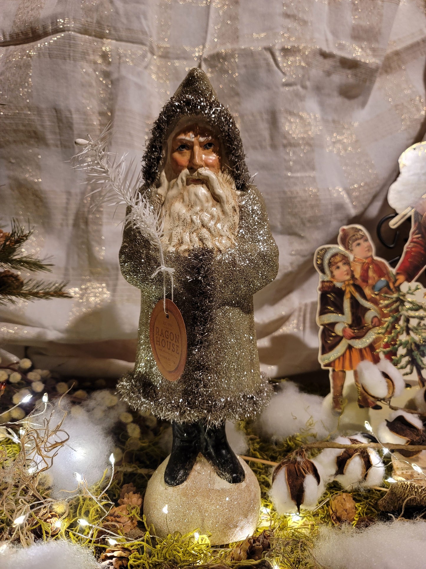 Vintage Folk Art Christmas Style Woodland Glittered Santa with Feather Tree