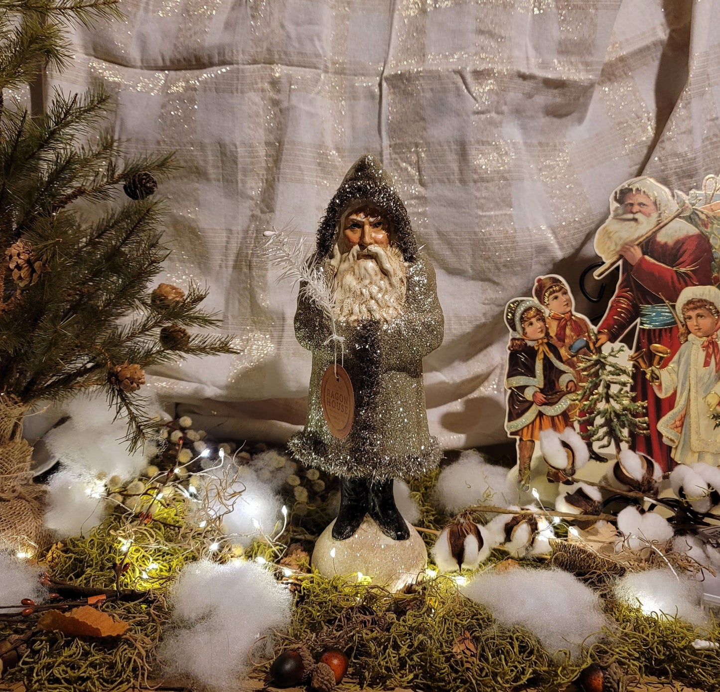 Vintage Folk Art Christmas Style Woodland Glittered Santa with Feather Tree