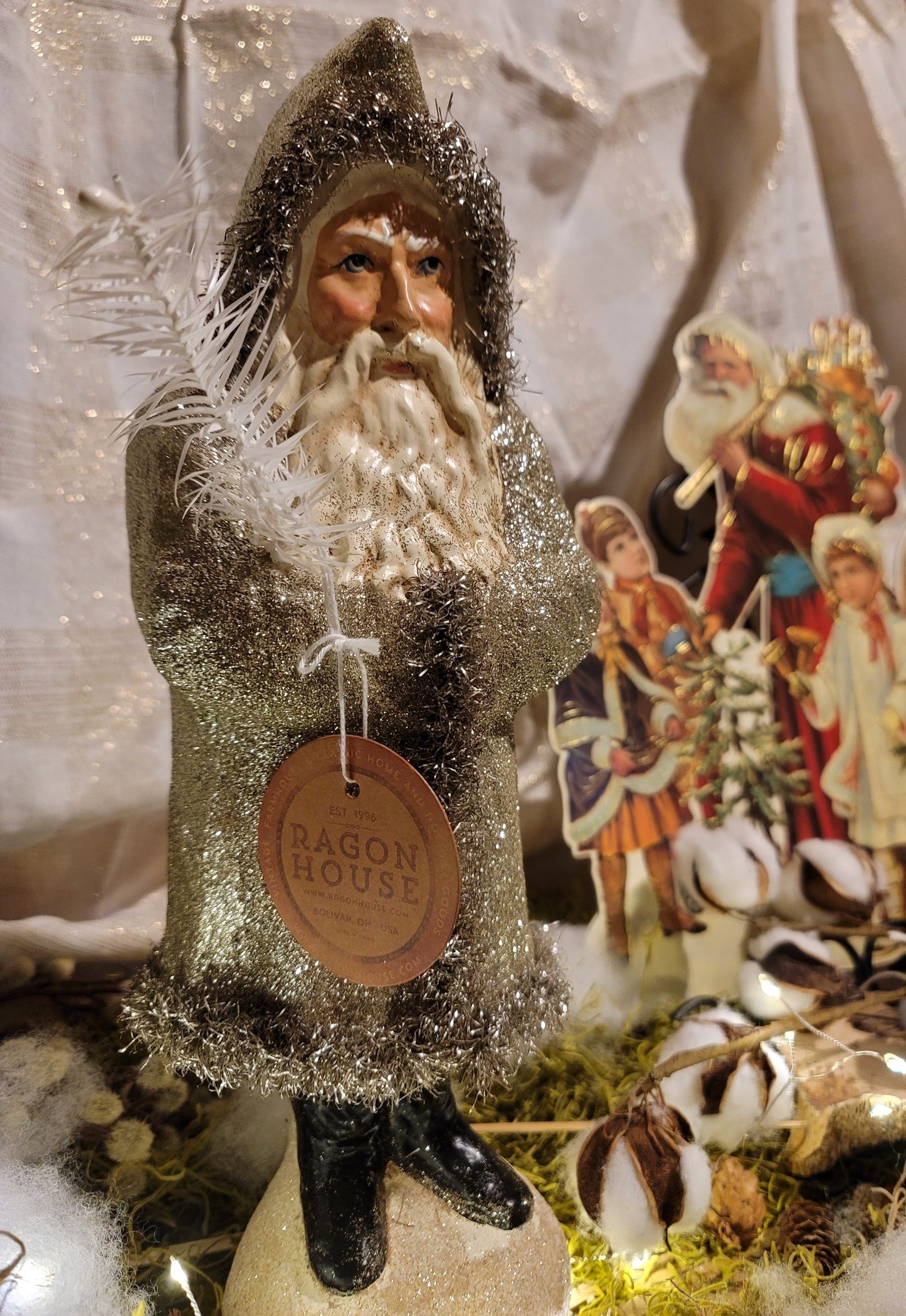 Vintage Folk Art Christmas Style Woodland Glittered Santa with Feather Tree