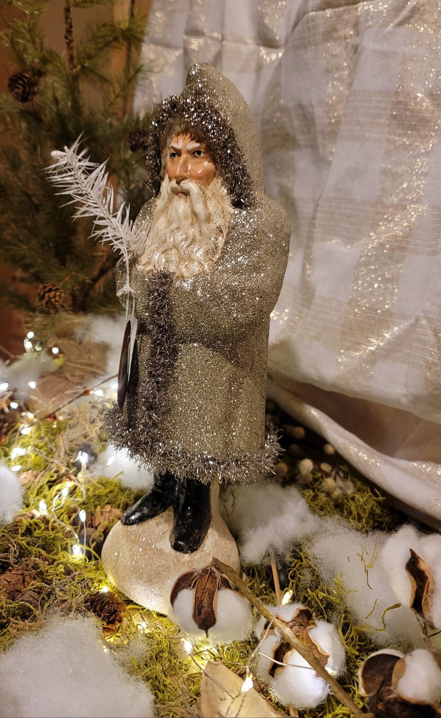 Vintage Folk Art Christmas Style Woodland Glittered Santa with Feather Tree
