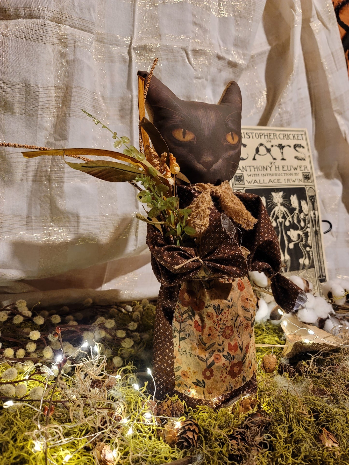 Primitive Style Stuffed Black Cat with Dried Flowers and Floral Apron