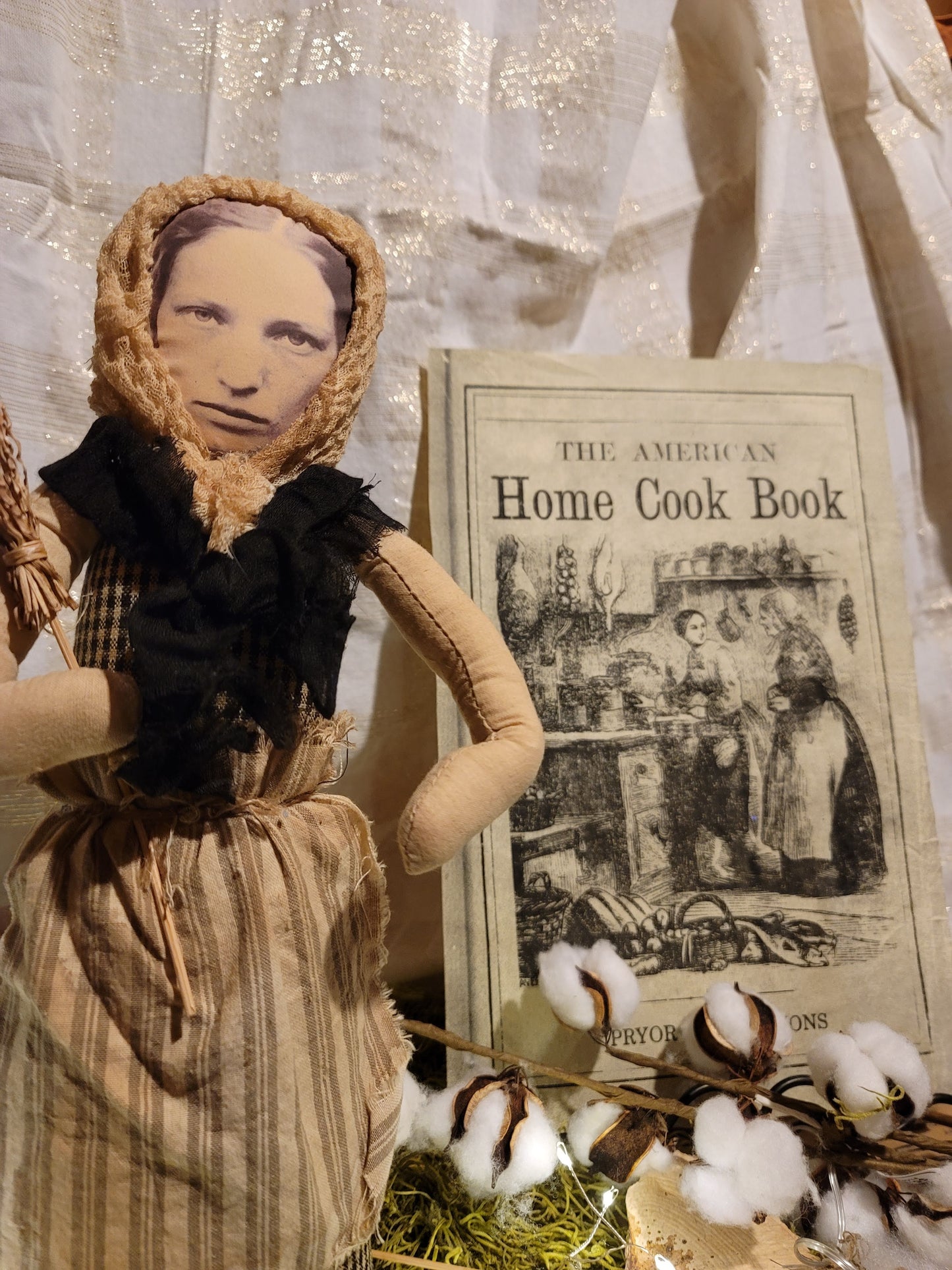 Primitive Vintage Halloween Style Photo Face Witch Figurine with Broom