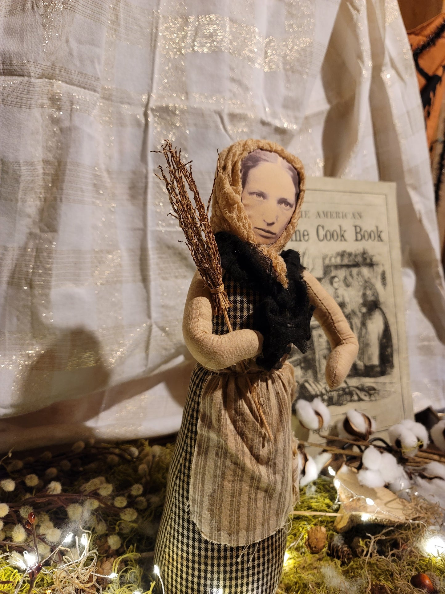 Primitive Vintage Halloween Style Photo Face Witch Figurine with Broom