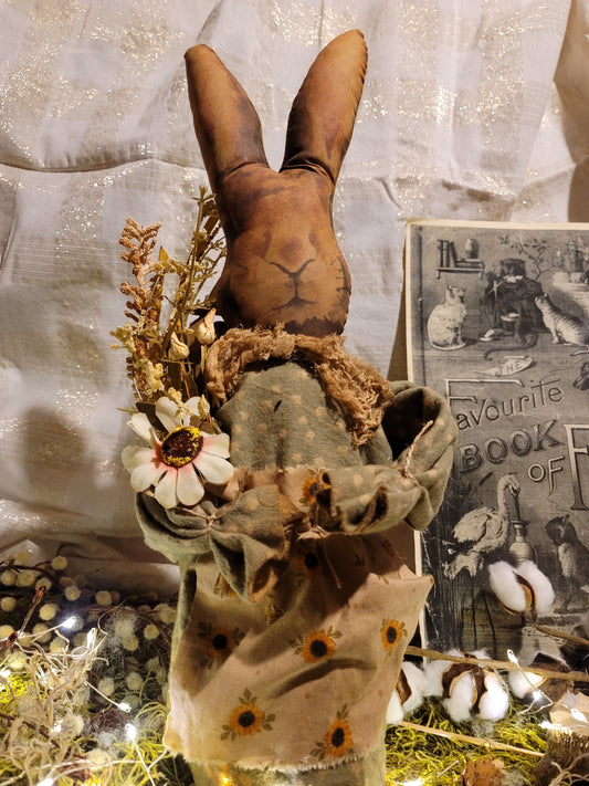 Primitive Vintage Style Stuffed Spring Sunflower Bunny Figurine