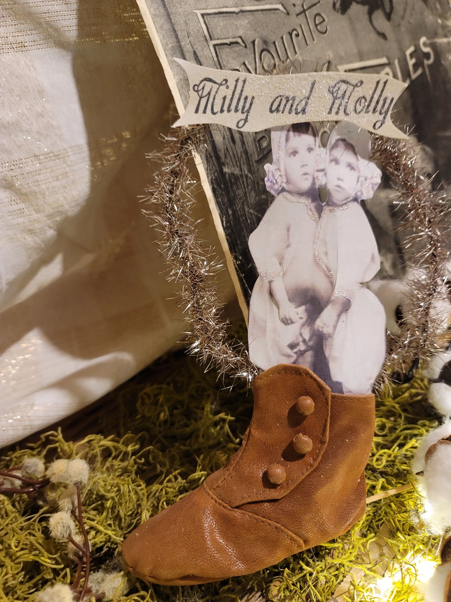 Vintage Antique Style Photo Art In Leather Baby Shoe Wreath Ornament