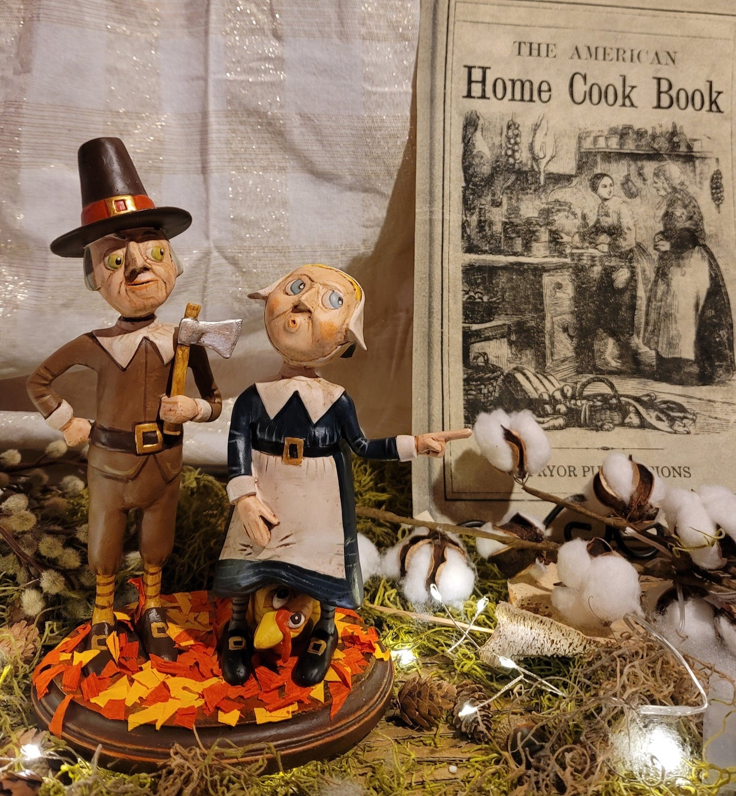 Whimsy Colonial Folk Art Pilgrams with Turkey Thanksgiving Figurine