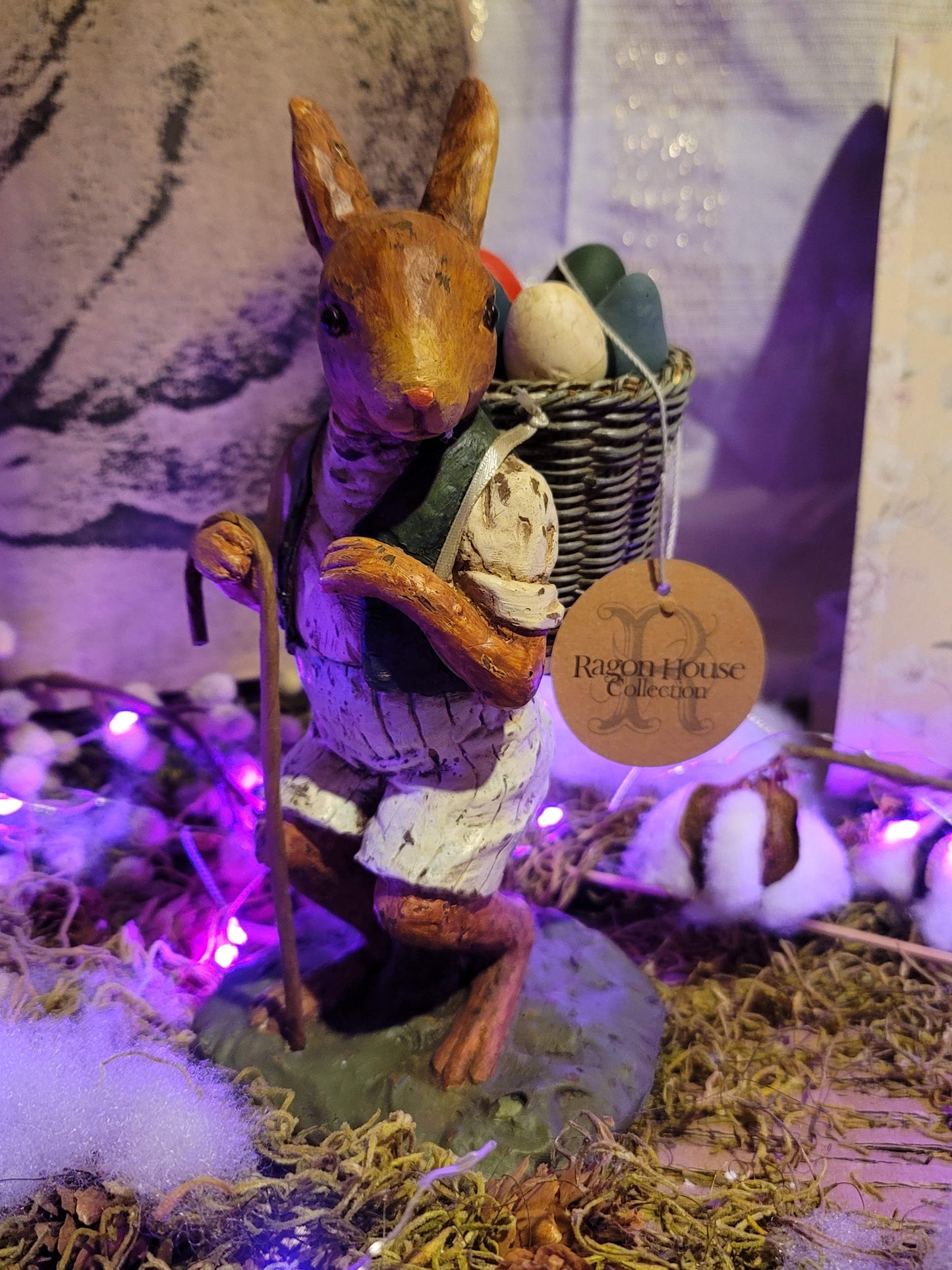 Vintage Victorian Easter Postcard Style Bunny Rabbit with Egg Basket Figurine