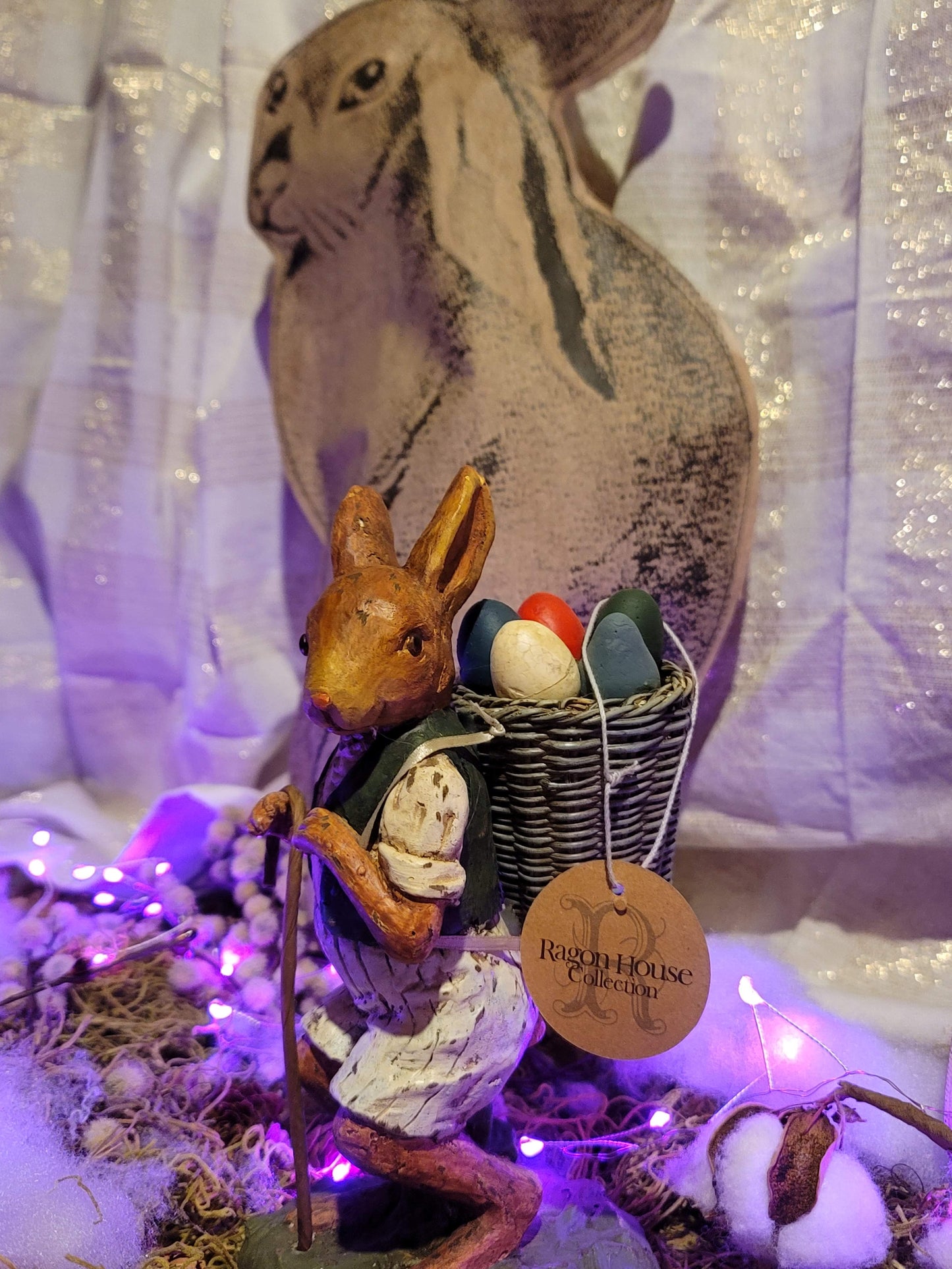 Vintage Victorian Easter Postcard Style Bunny Rabbit with Egg Basket Figurine