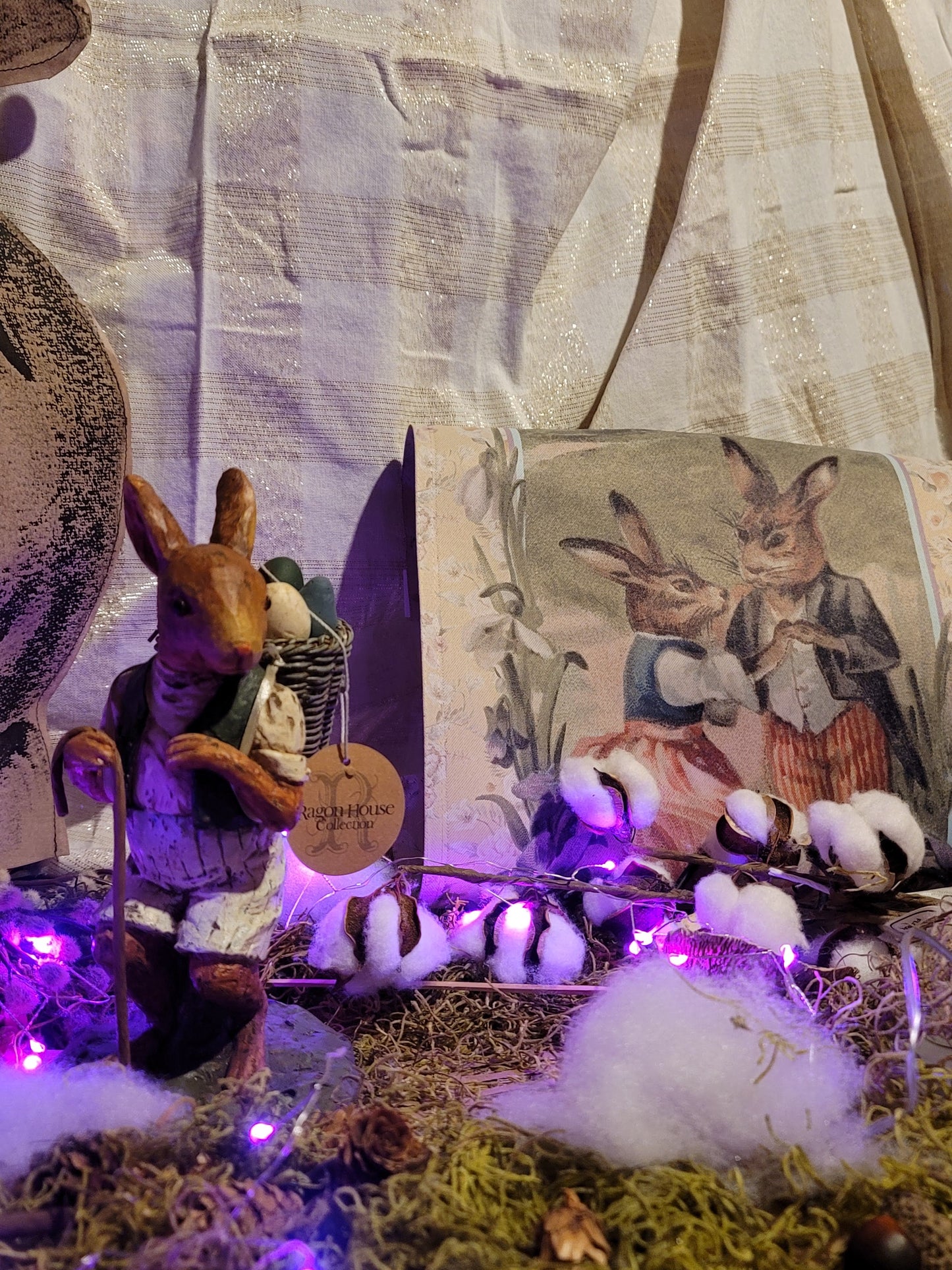 Vintage Victorian Easter Postcard Style Bunny Rabbit with Egg Basket Figurine
